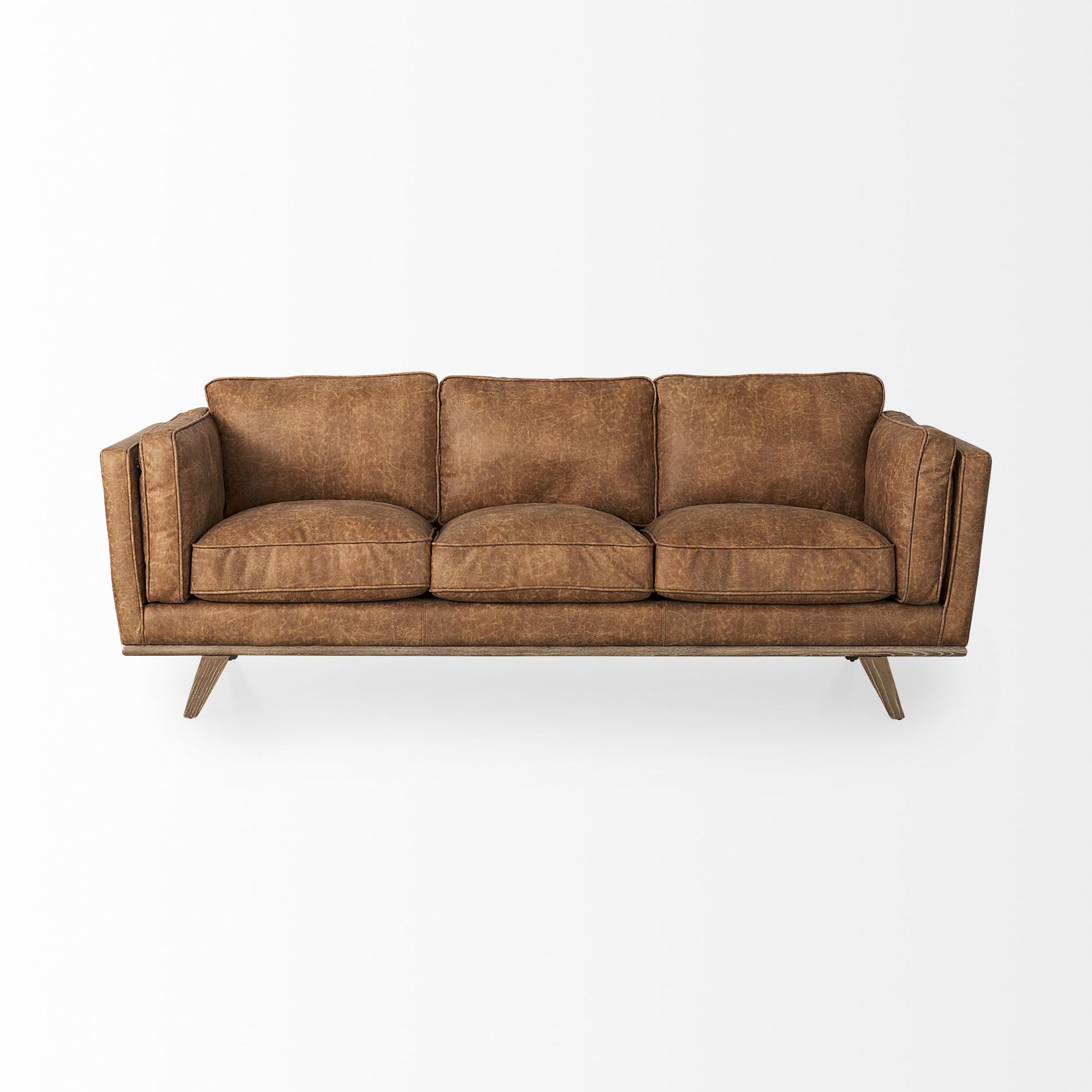 Mercana Brooks 3 Seater Sofa with Medium Brown Wooden Legs - Cognac, Faux Leather