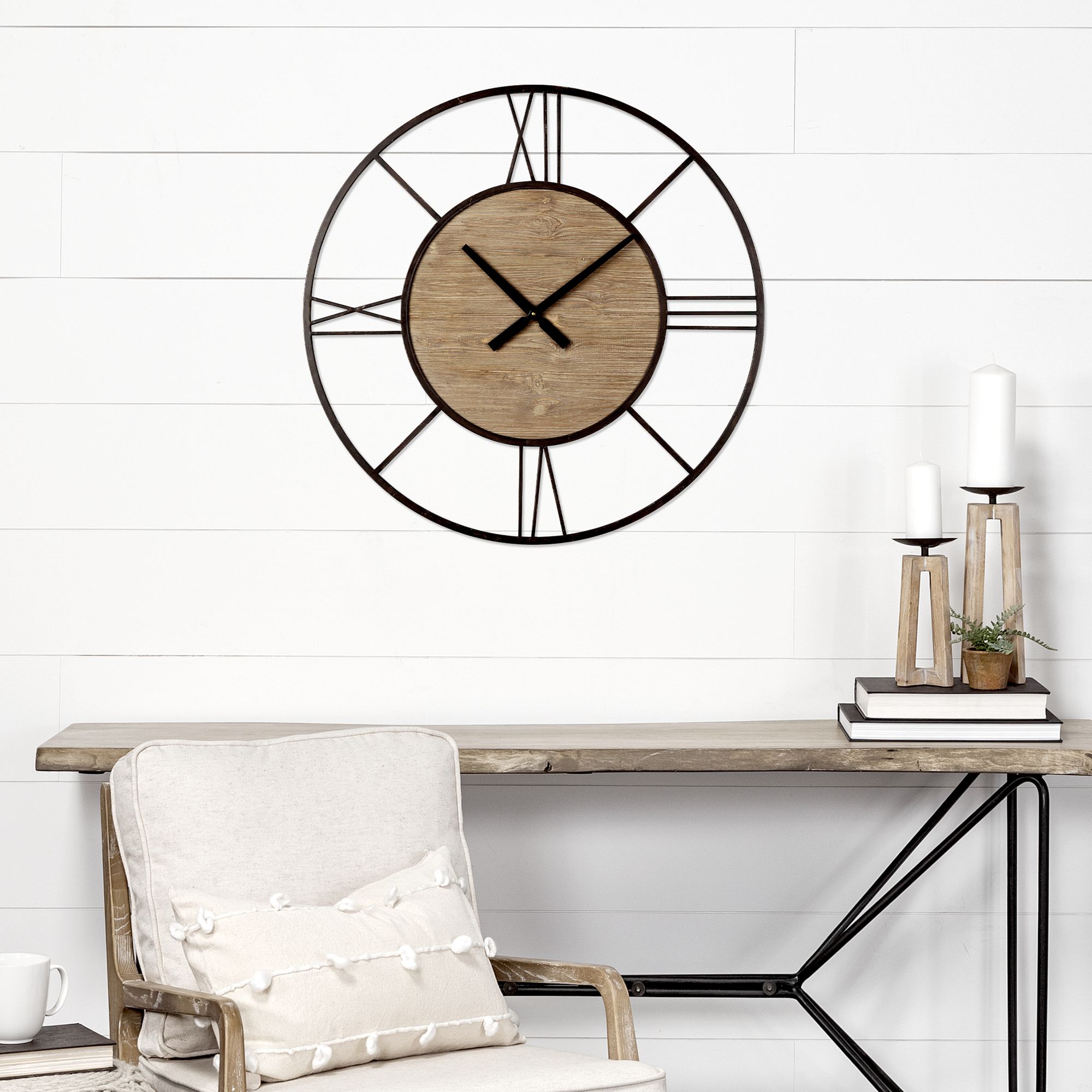 Mercana - Brielle Black Iron/Wood Round Wall Clock