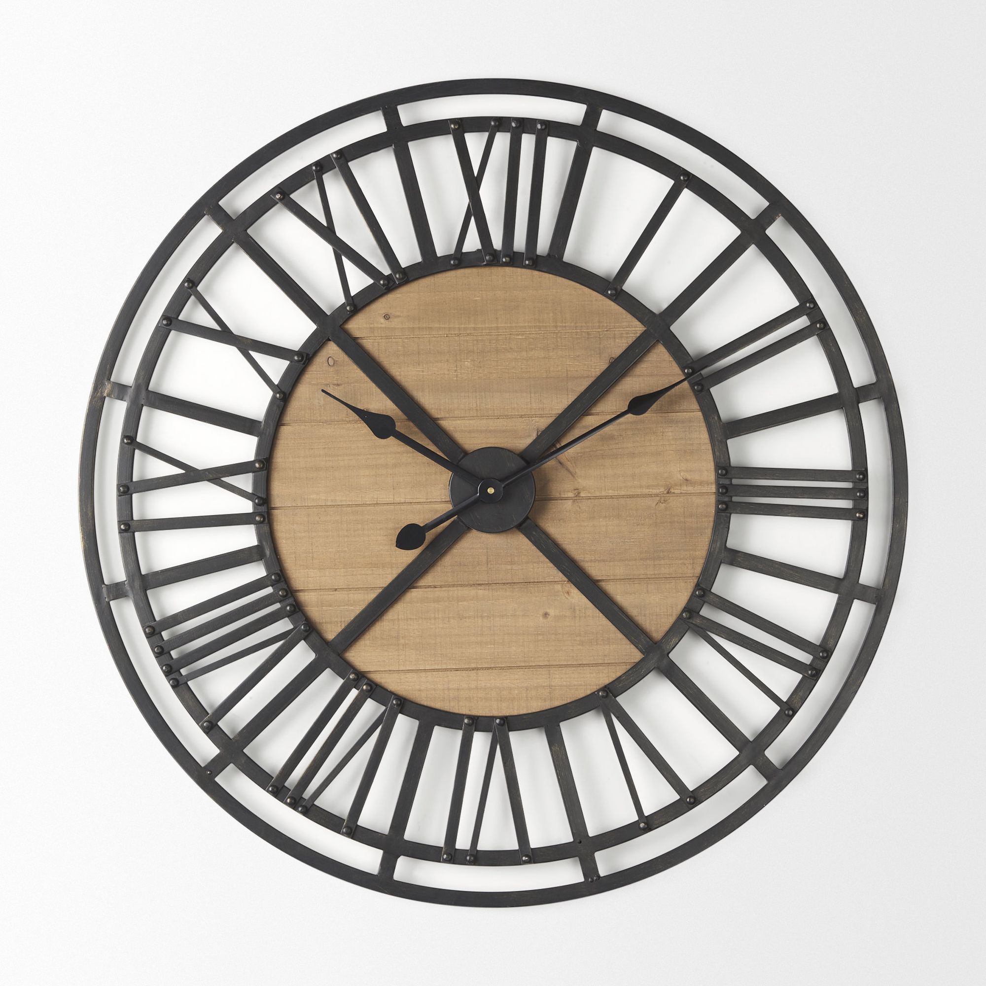 Mercana Lewiston 30" Iron/Wood Round Wall Clock - Black/Brown