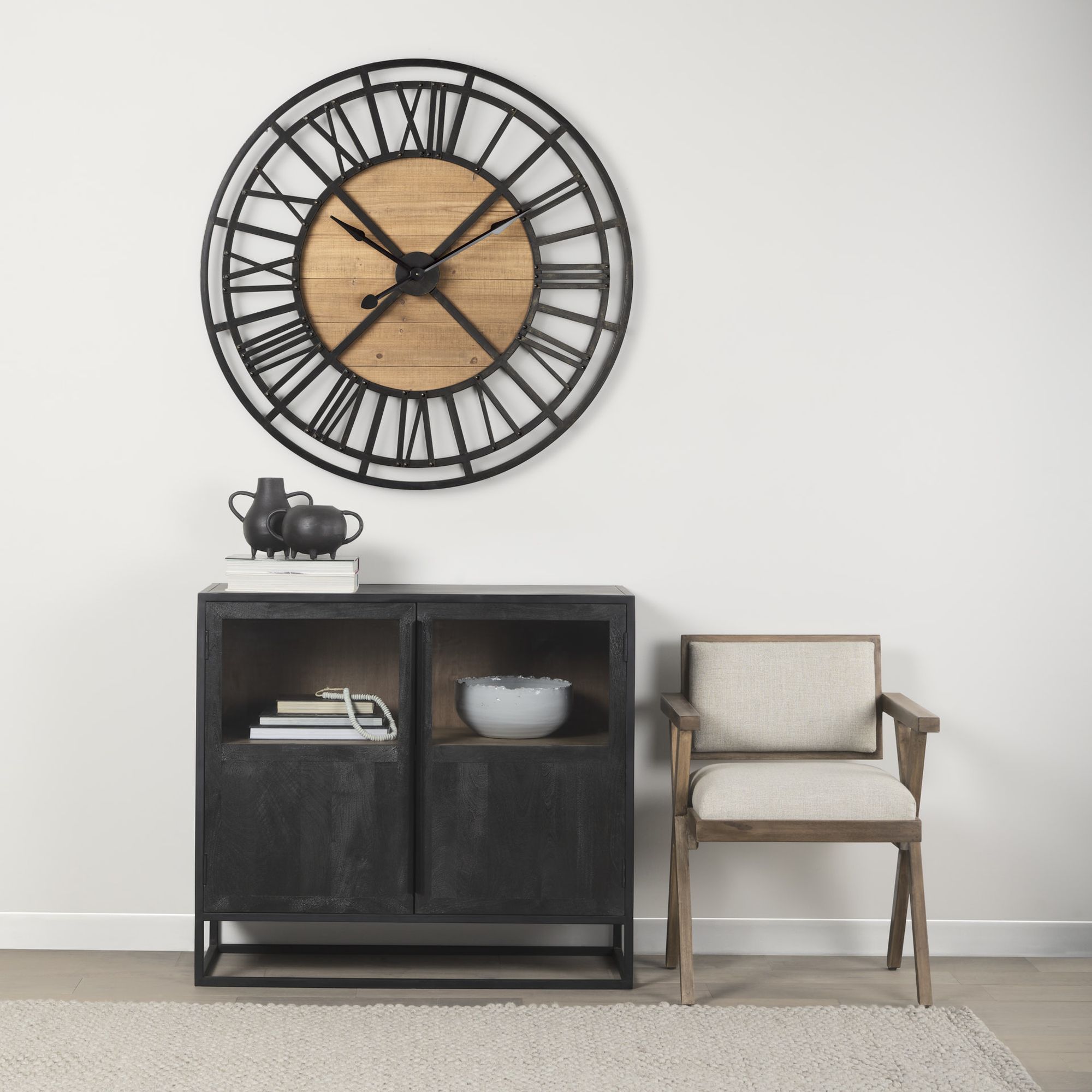 Mercana Lewiston 42" Iron/Wood Round Wall Clock - Black/Brown