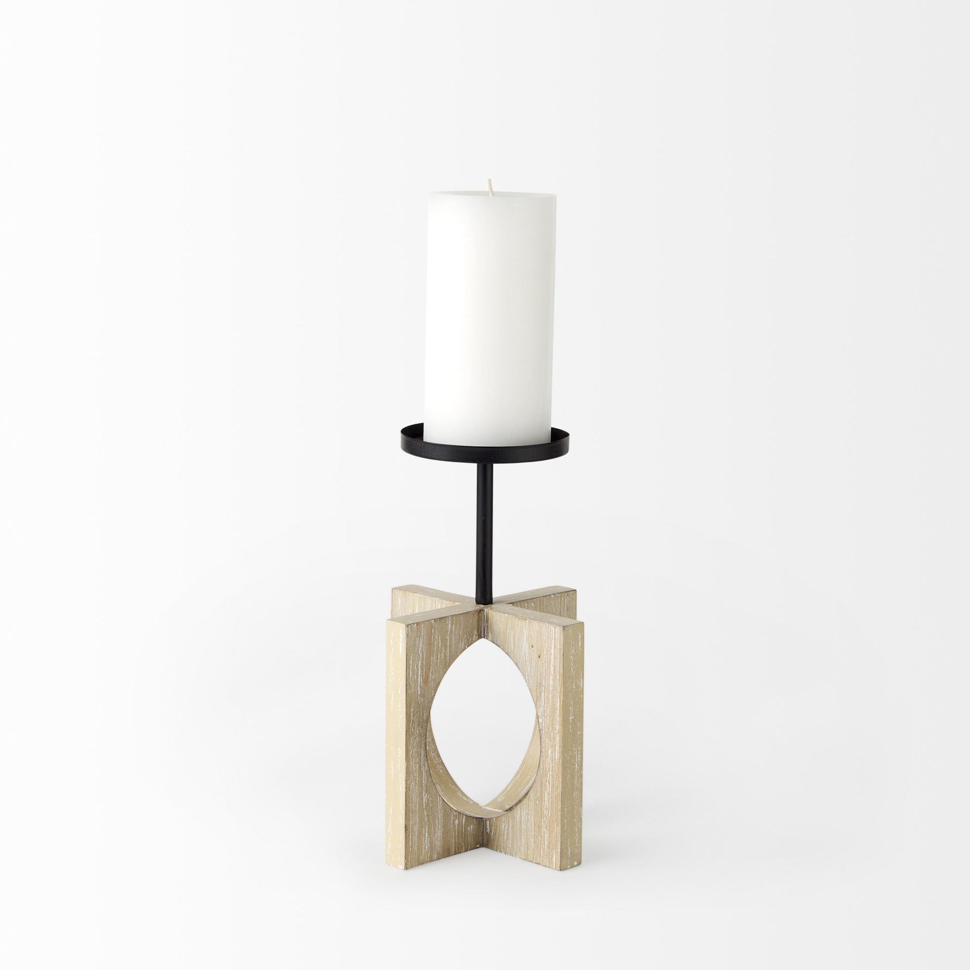 Mercana Cambie Light Brown Wood with Black Metal Small Candle Holder