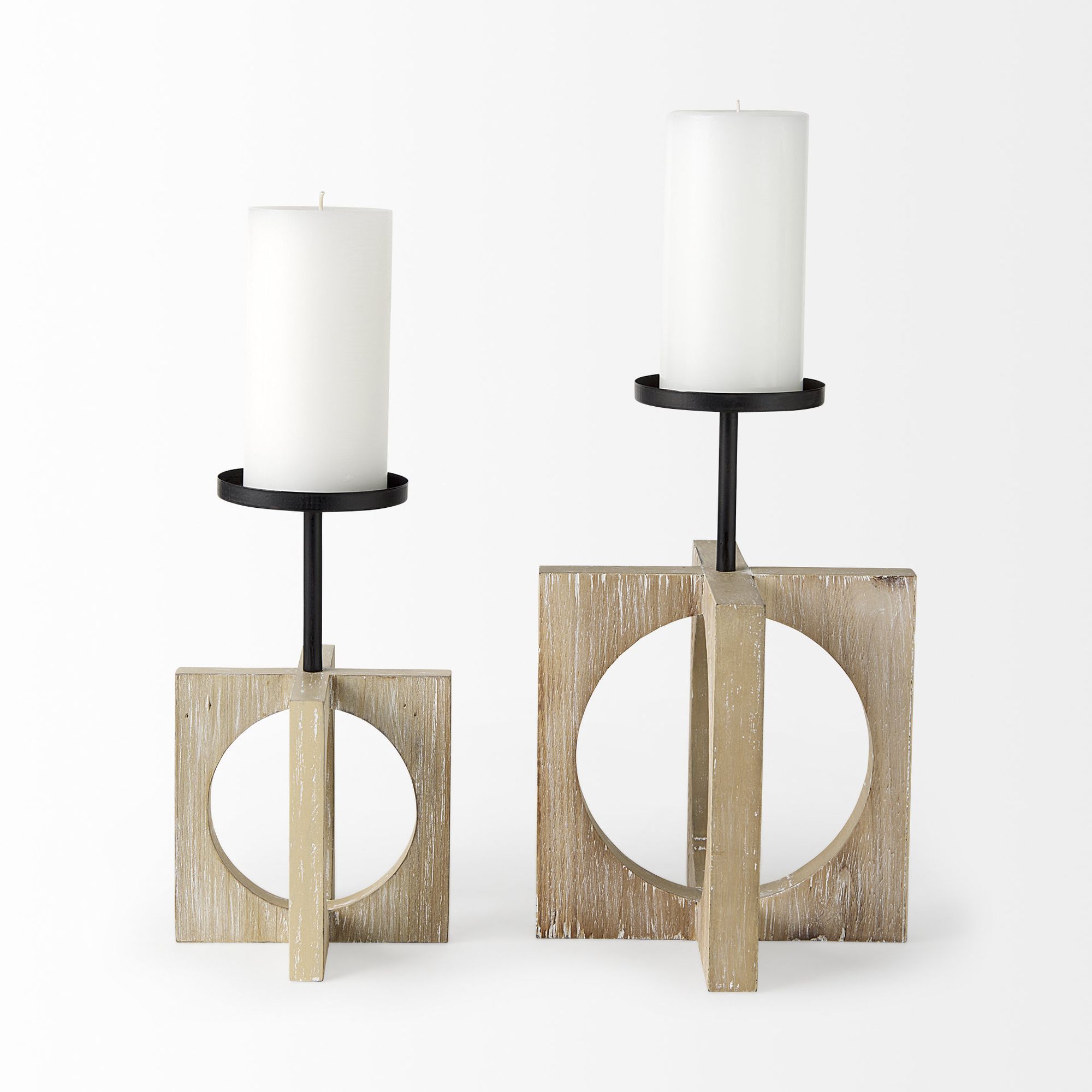 Mercana Cambie Light Brown Wood with Black Metal Small Candle Holder