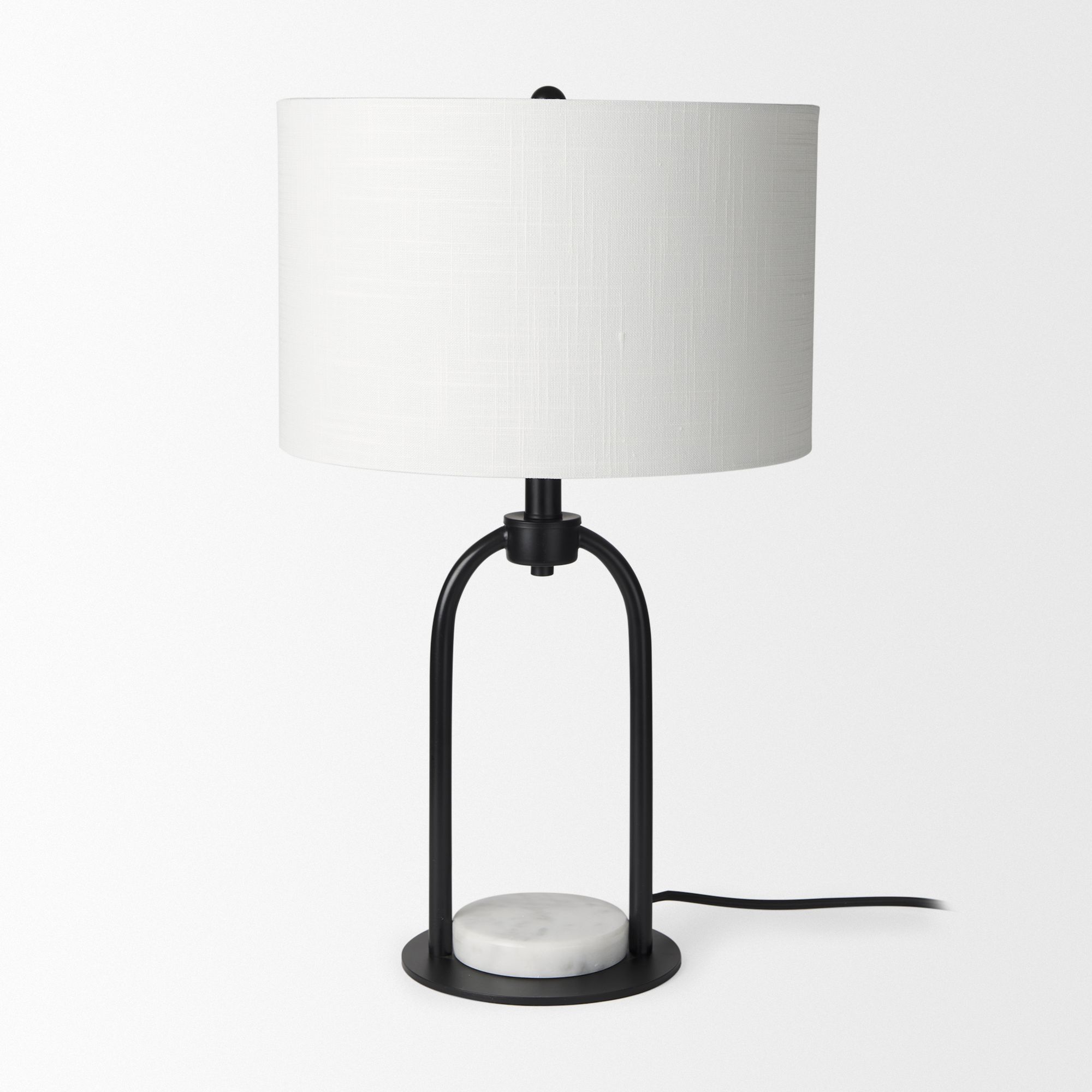 Mercana - Sarah Arched Black Metal with Marble Cube and White Shade Table Lamp