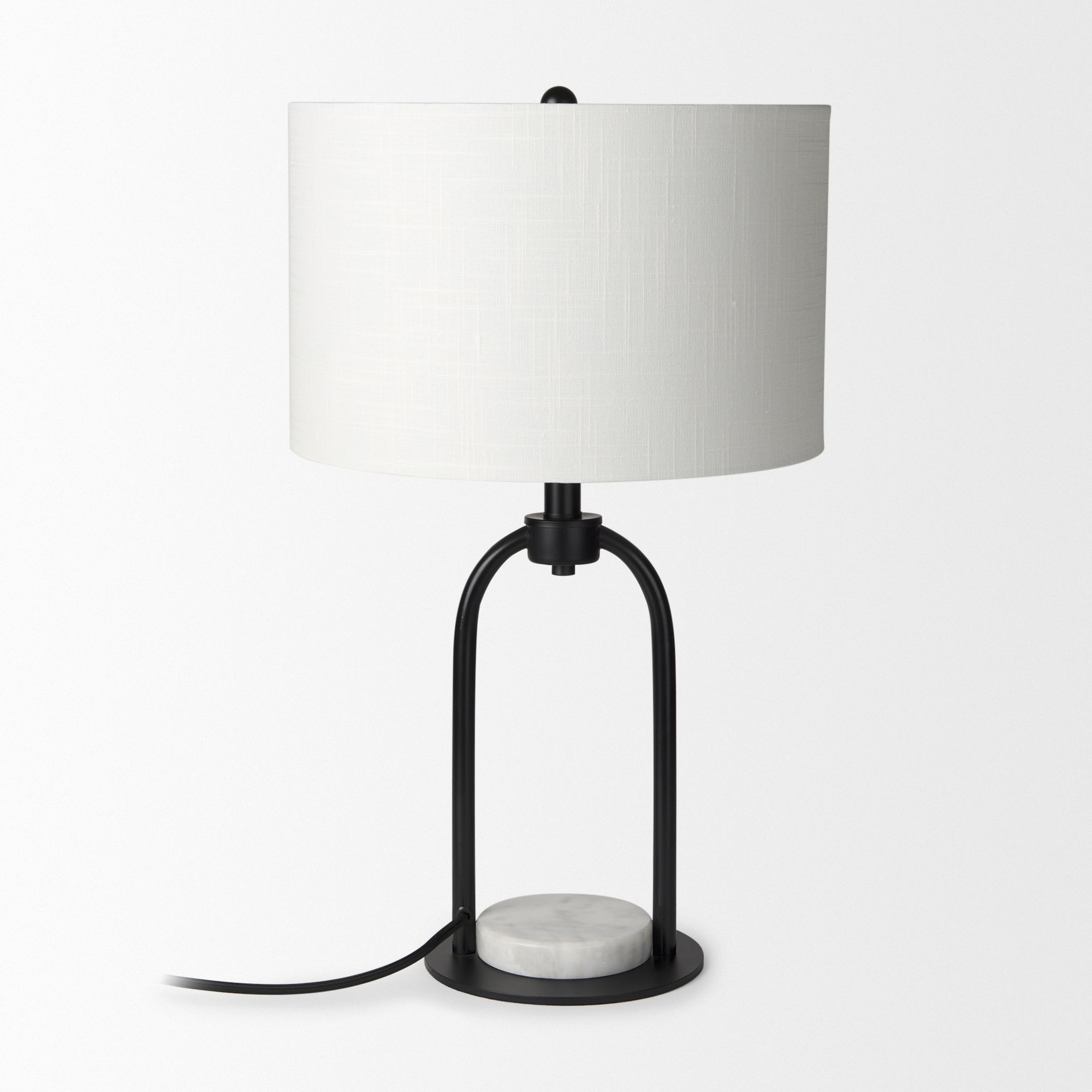 Mercana - Sarah Arched Black Metal with Marble Cube and White Shade Table Lamp