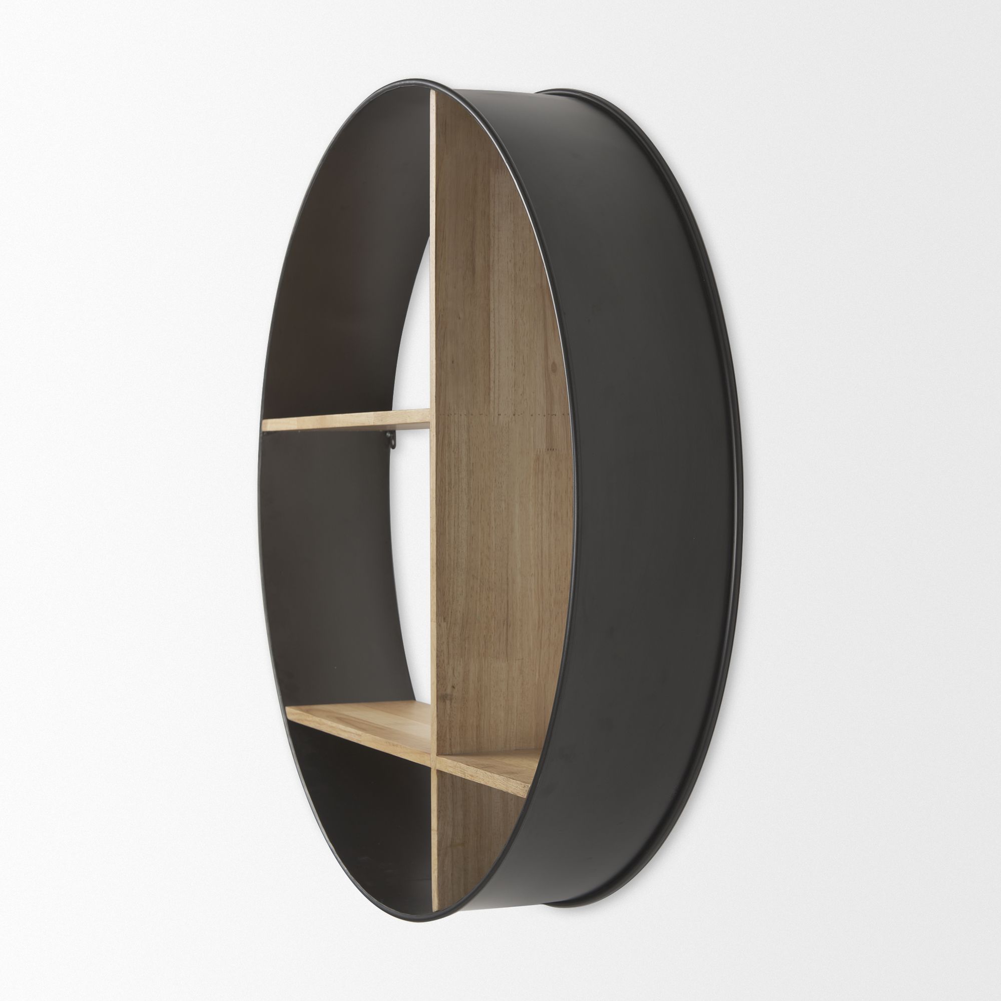 Mercana - Hector Brown Wood with Black Metal Round Wall Shelf