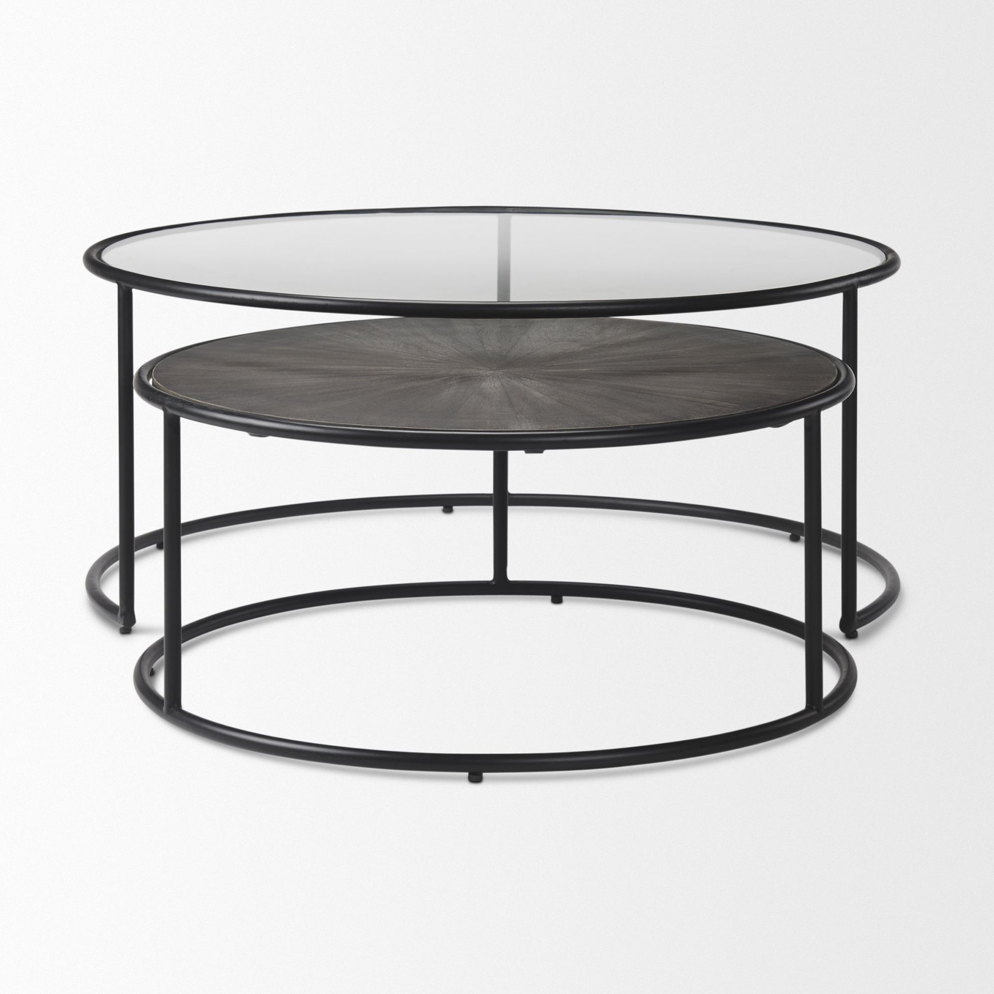 Mercana - Arlo Brown Wood and Glass with Black Metal Coffee Tables (Set of 2)