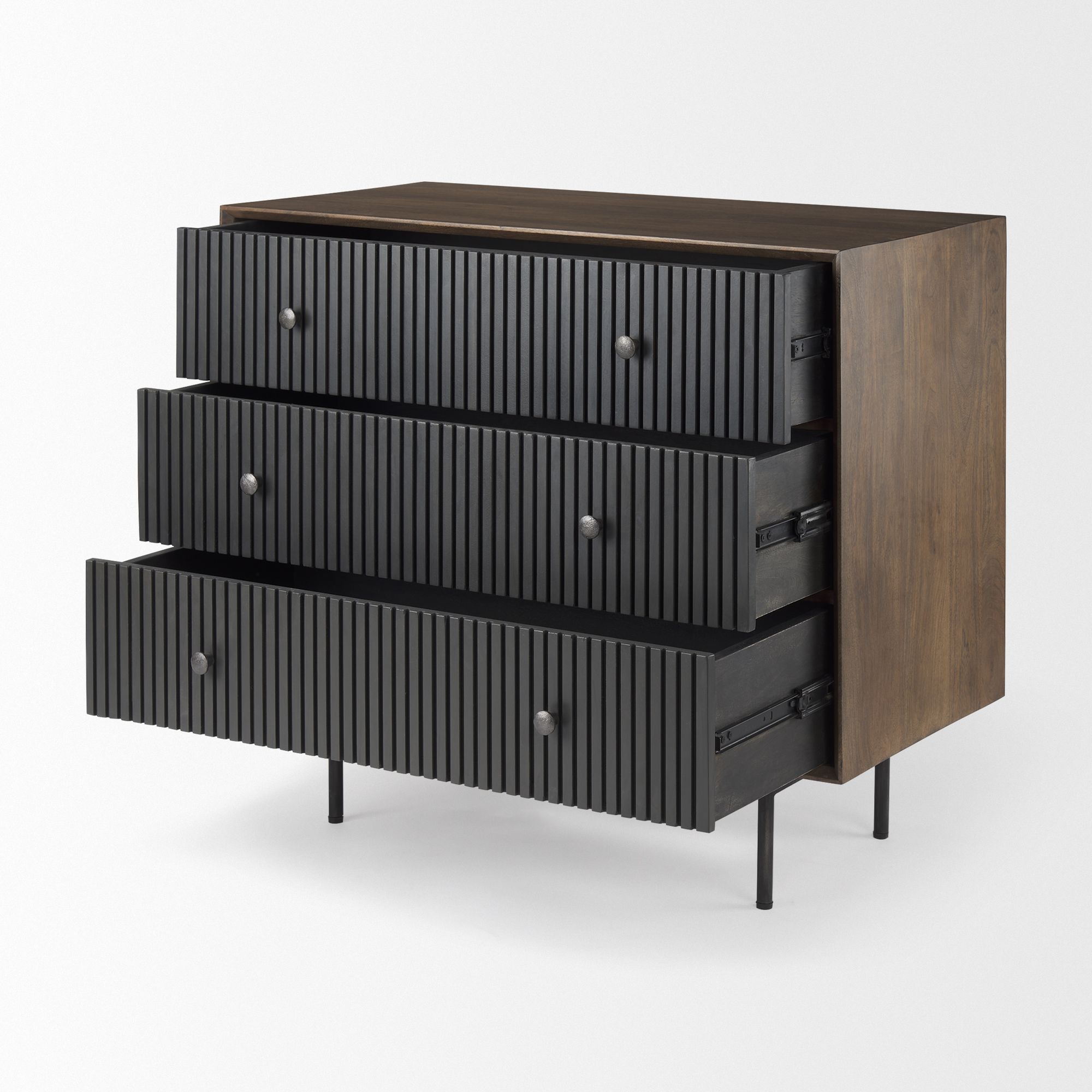 Mercana - Grace Medium Brown Wood with Black Metal Frame 3 Drawer Accent Cabinet