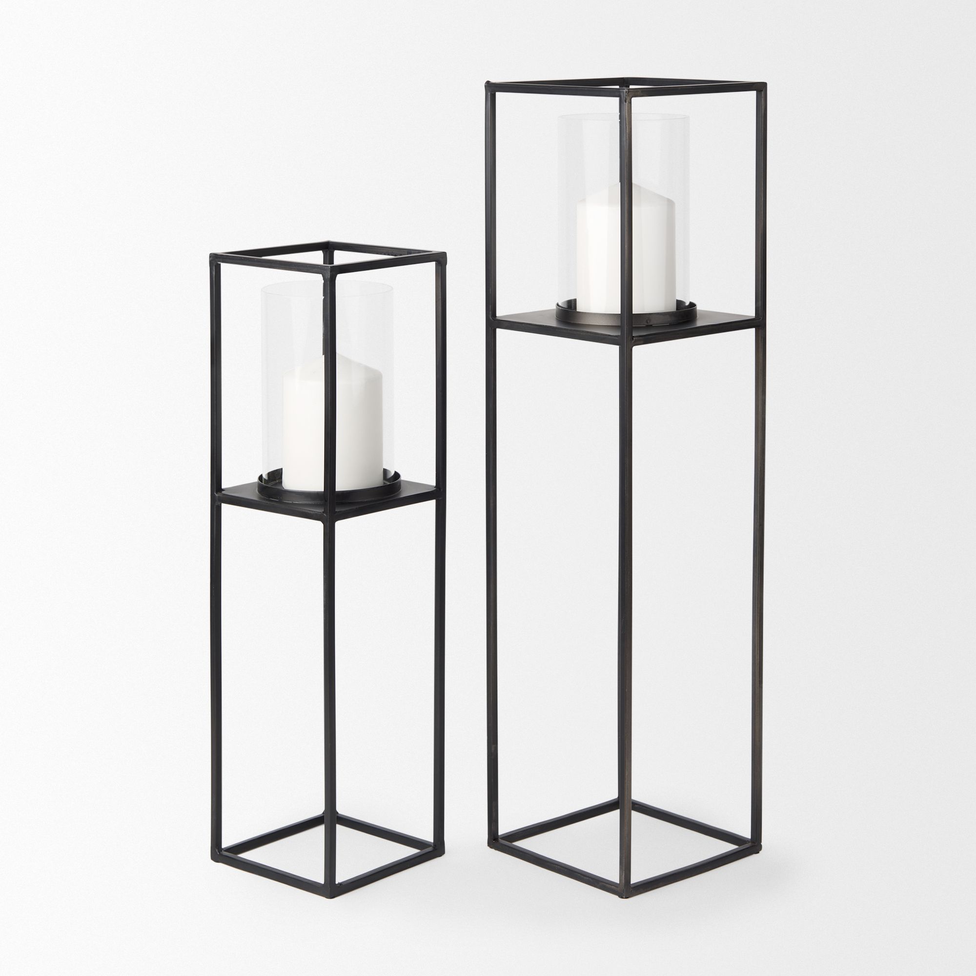 Mercana Cindy Metal and Hurricane Glass Pillar Tabletop Candle Holders (Set of 2) - Black