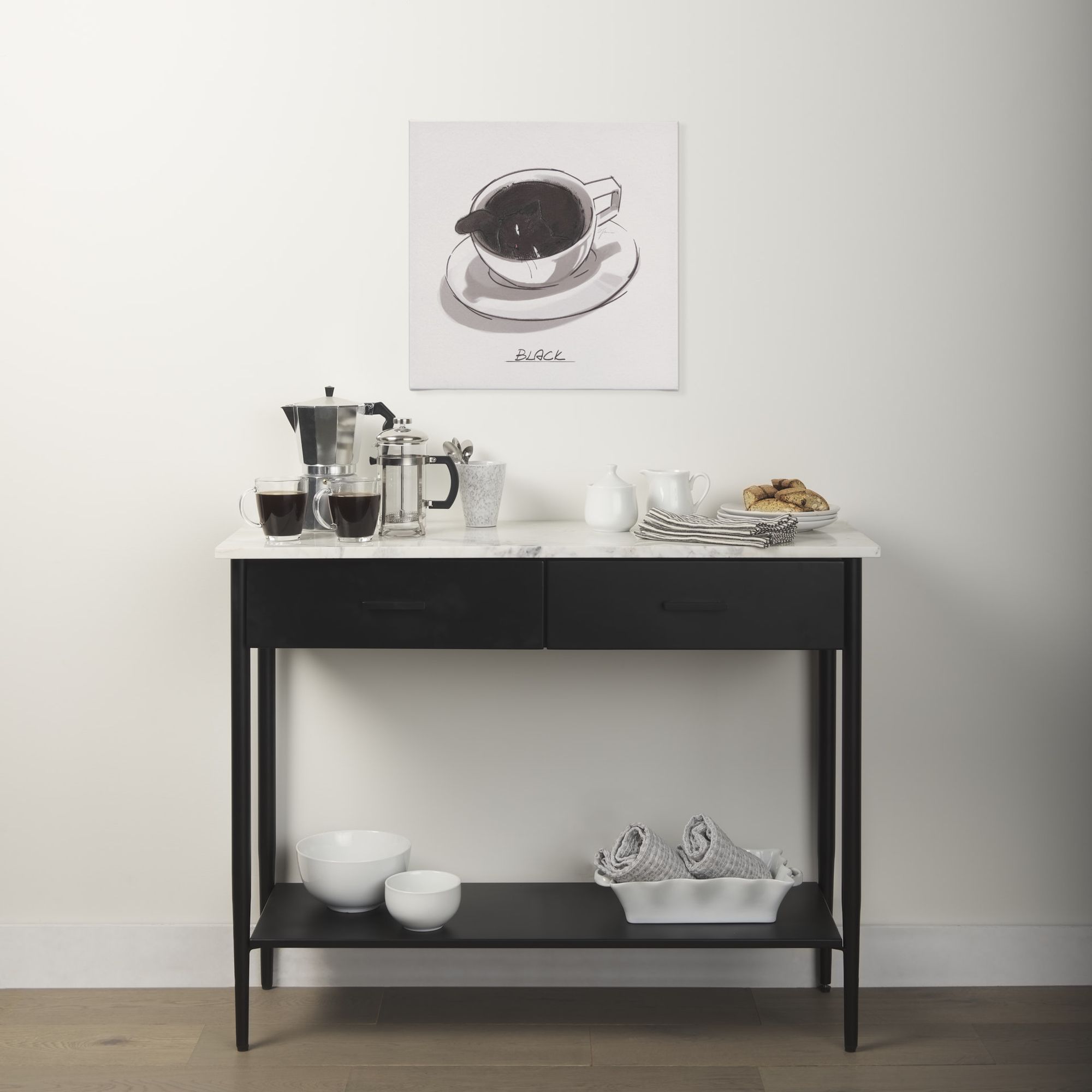 Mercana - Amika Console Table with White Marble Top/Black Metal Base