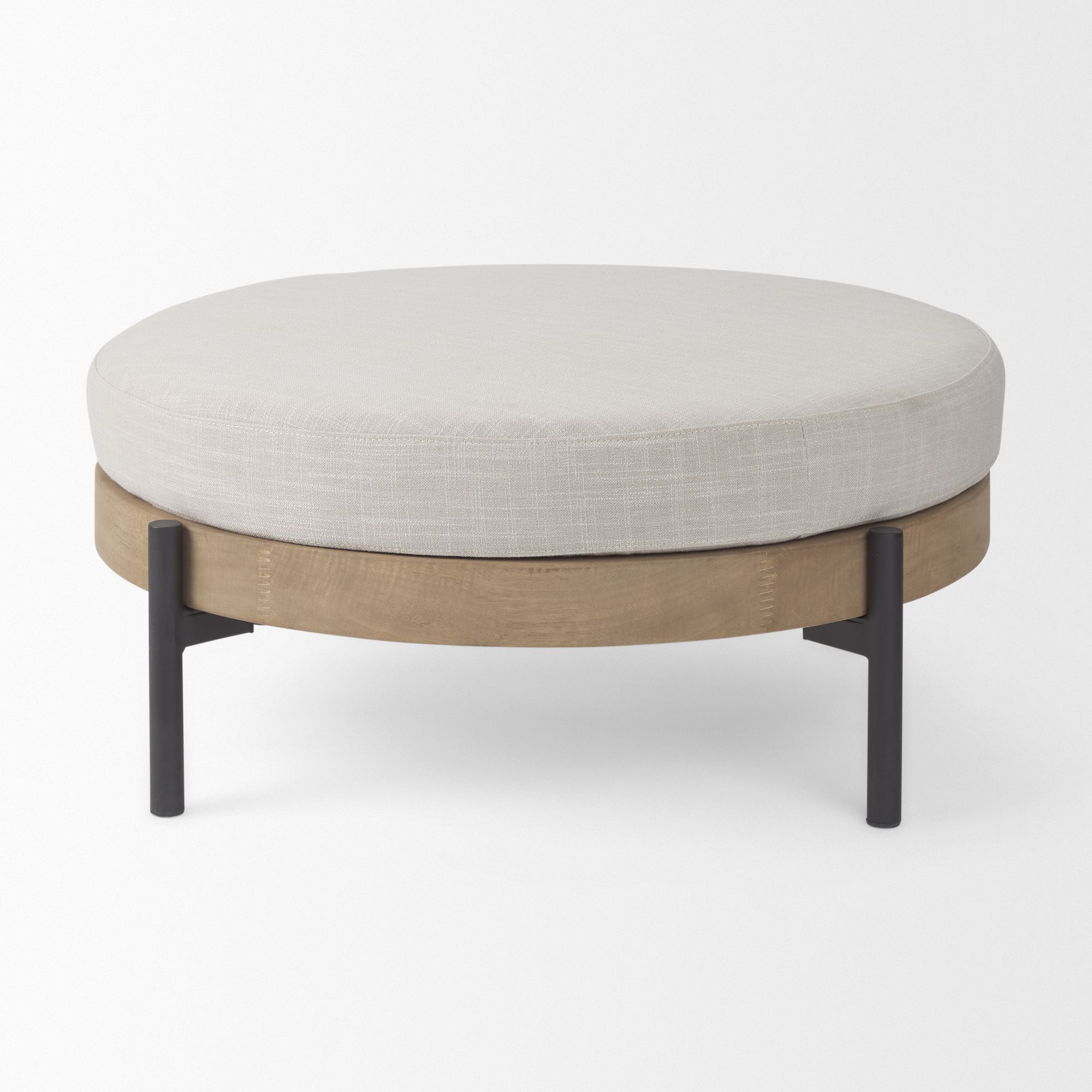 Mercana - Colburne Cream Fabric with Brown Wood Round Ottoman