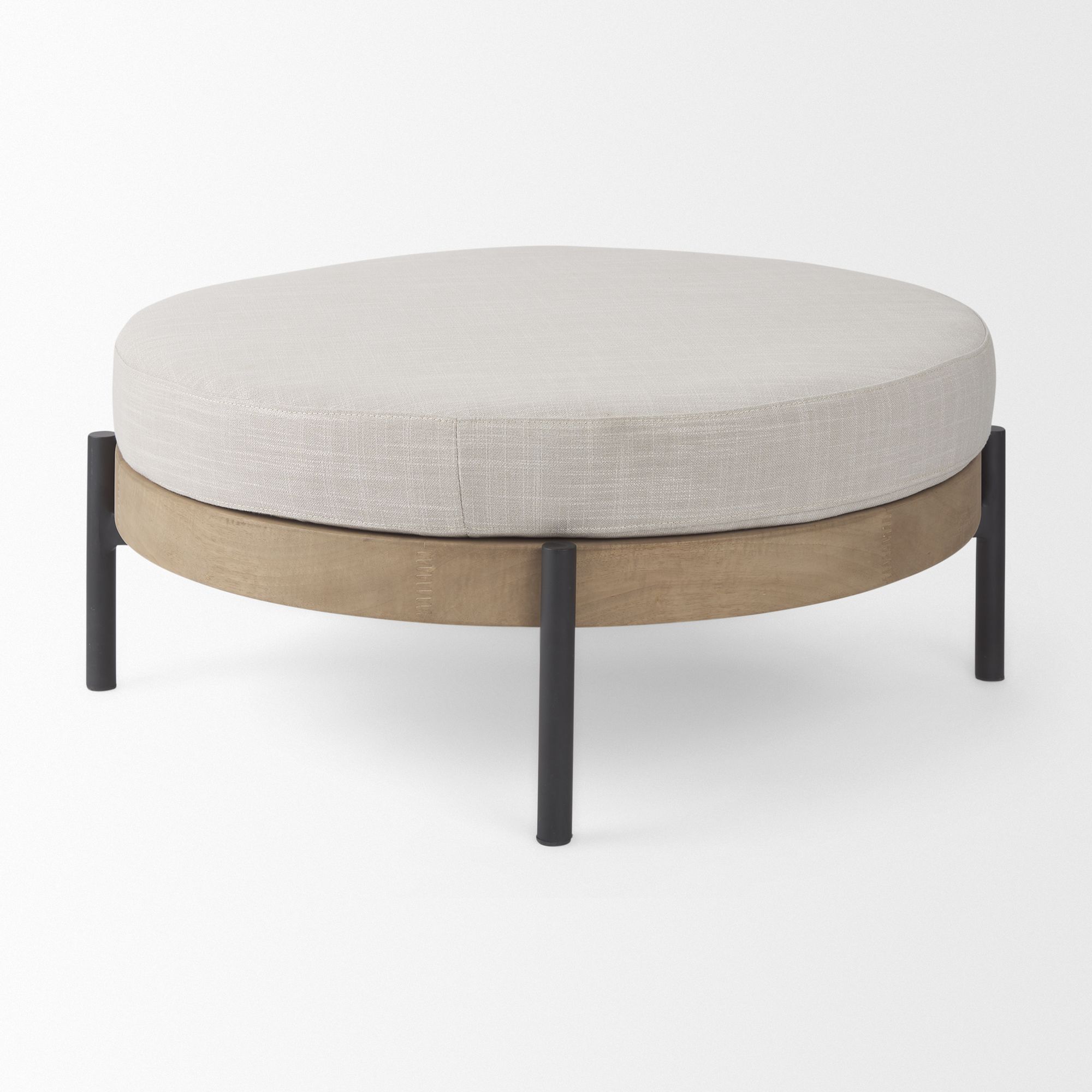 Mercana - Colburne Cream Fabric with Brown Wood Round Ottoman