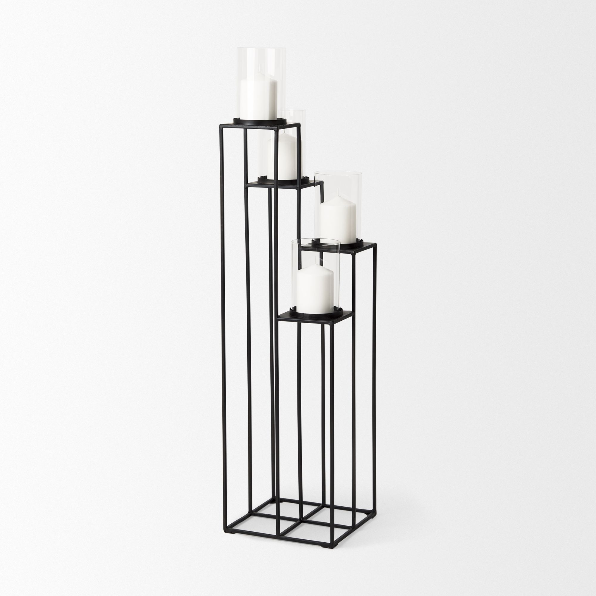 Mercana - Cindy 4-Tier Matte Black Metal with Hurricane Glass Pillar Candle Floor Lantern