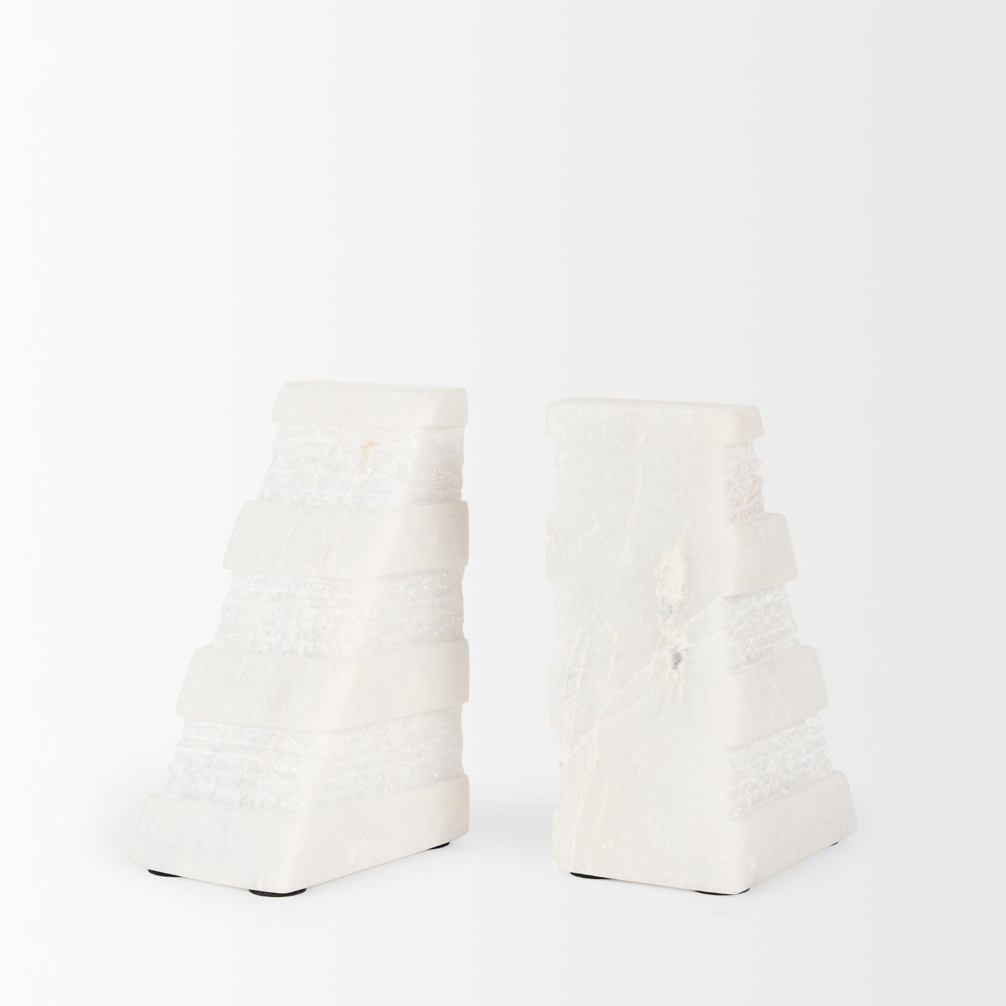 Mercana - Cavetto White Marble Bookends with Rough Carving (Set of 2)