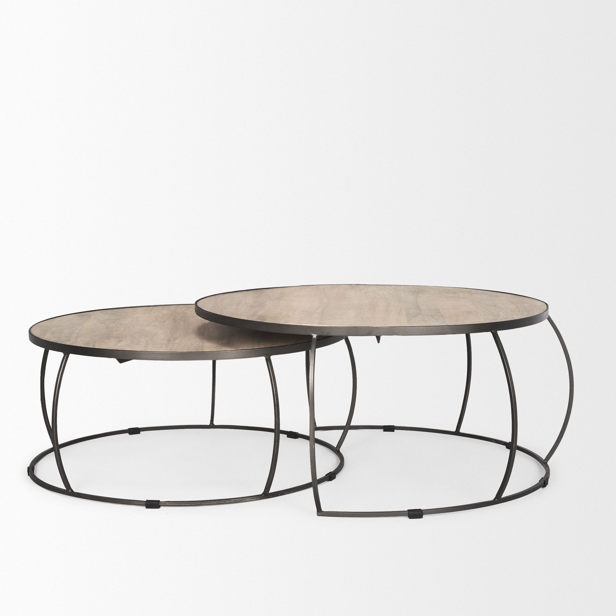 Mercana - Clapp Round Light Brown with White Wash Wood and Silver Metal Nesting Coffee Tables (Set of 2)