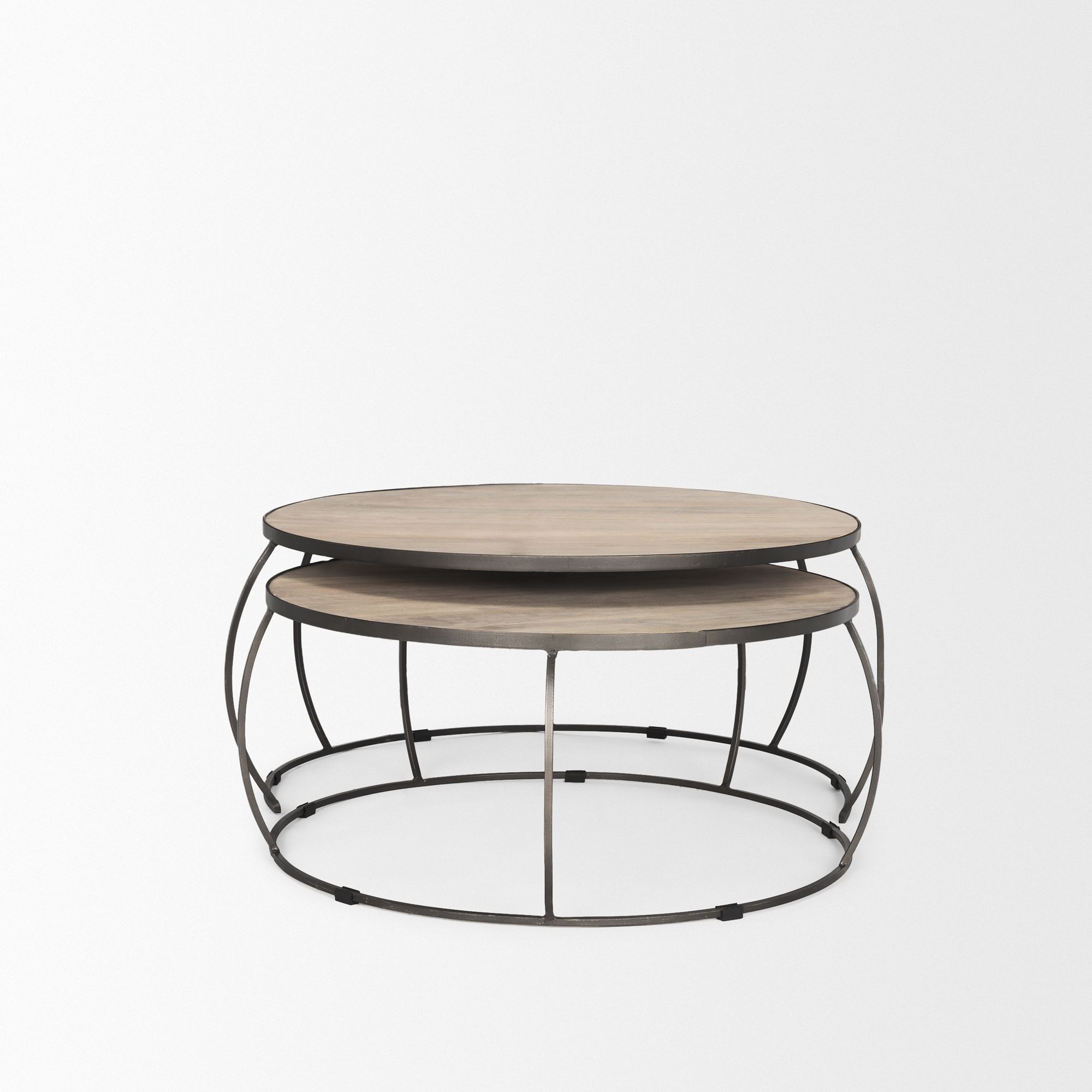 Mercana - Clapp Round Light Brown with White Wash Wood and Silver Metal Nesting Coffee Tables (Set of 2)