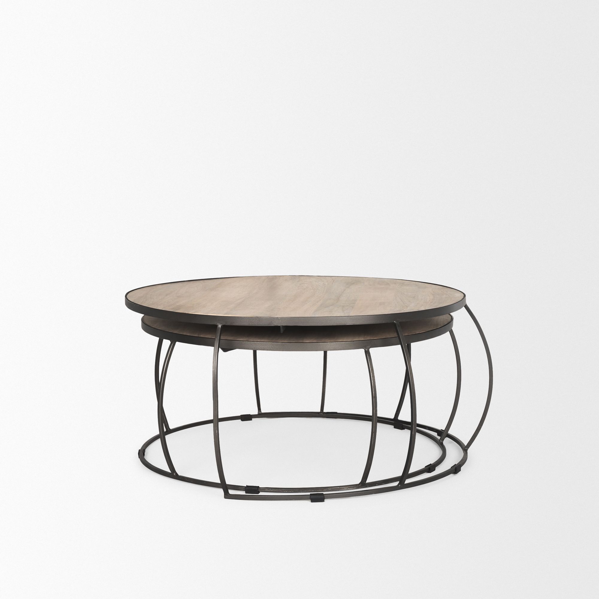 Mercana - Clapp Round Light Brown with White Wash Wood and Silver Metal Nesting Coffee Tables (Set of 2)