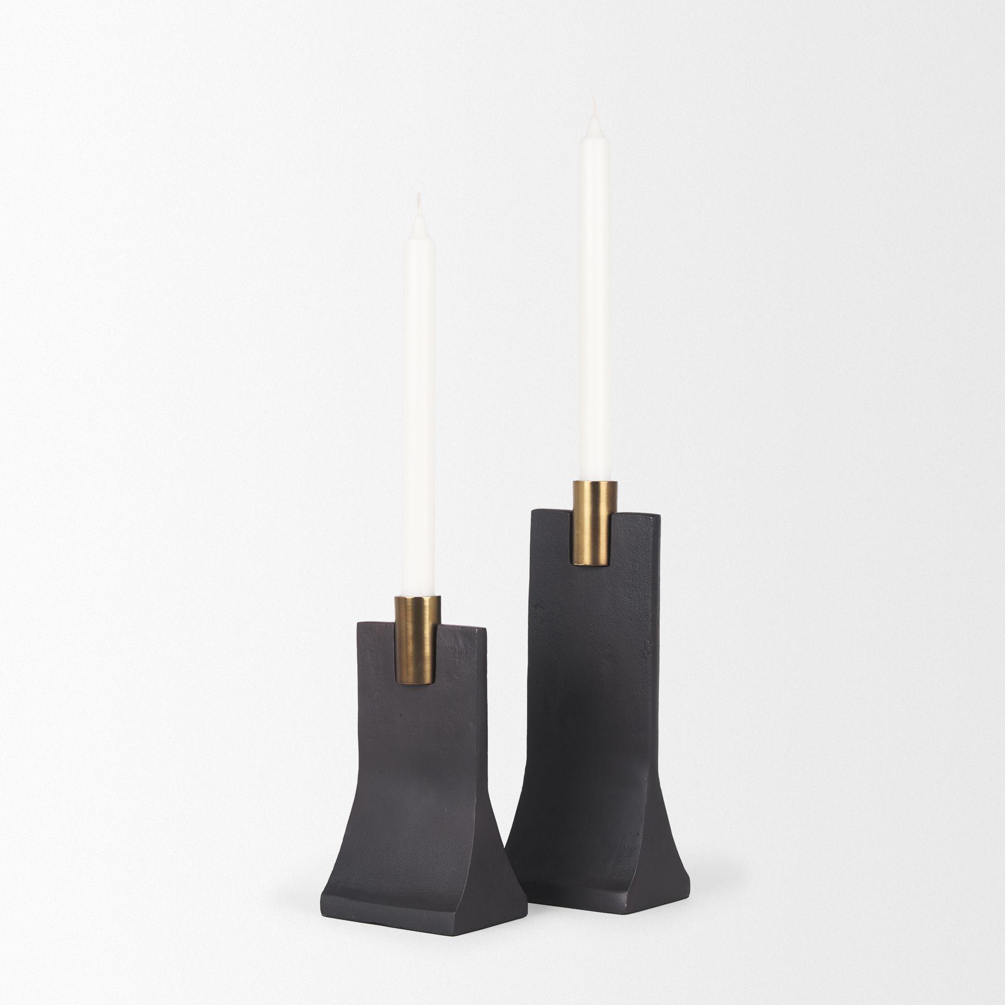 Mercana Polli Candleholders with Brushed Gold Metal Taper (Set of 2) - Black