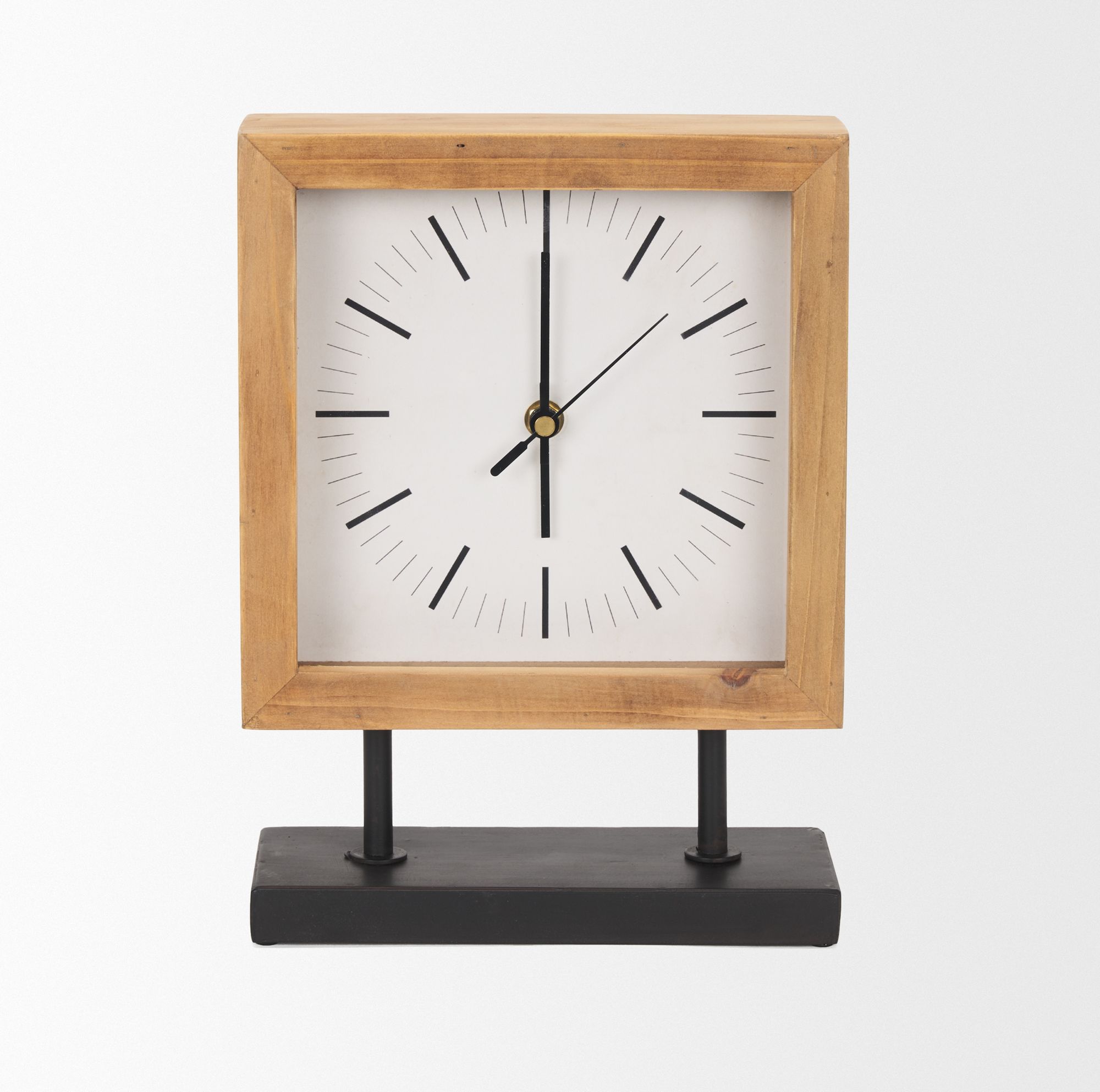 Mercana - Renaya Light Brown Wood Table Clock with Matte Black Metal Base