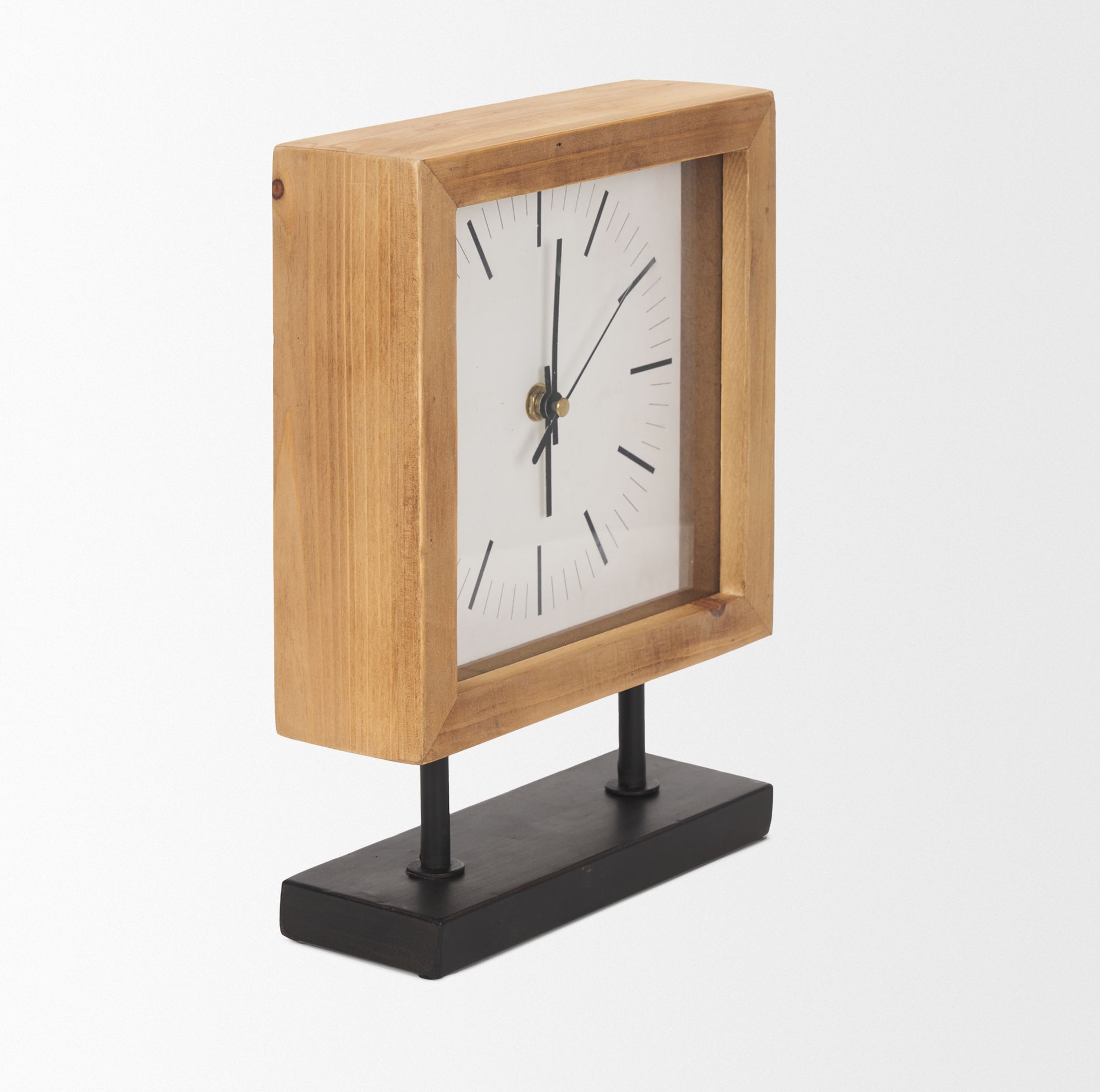 Mercana - Renaya Light Brown Wood Table Clock with Matte Black Metal Base