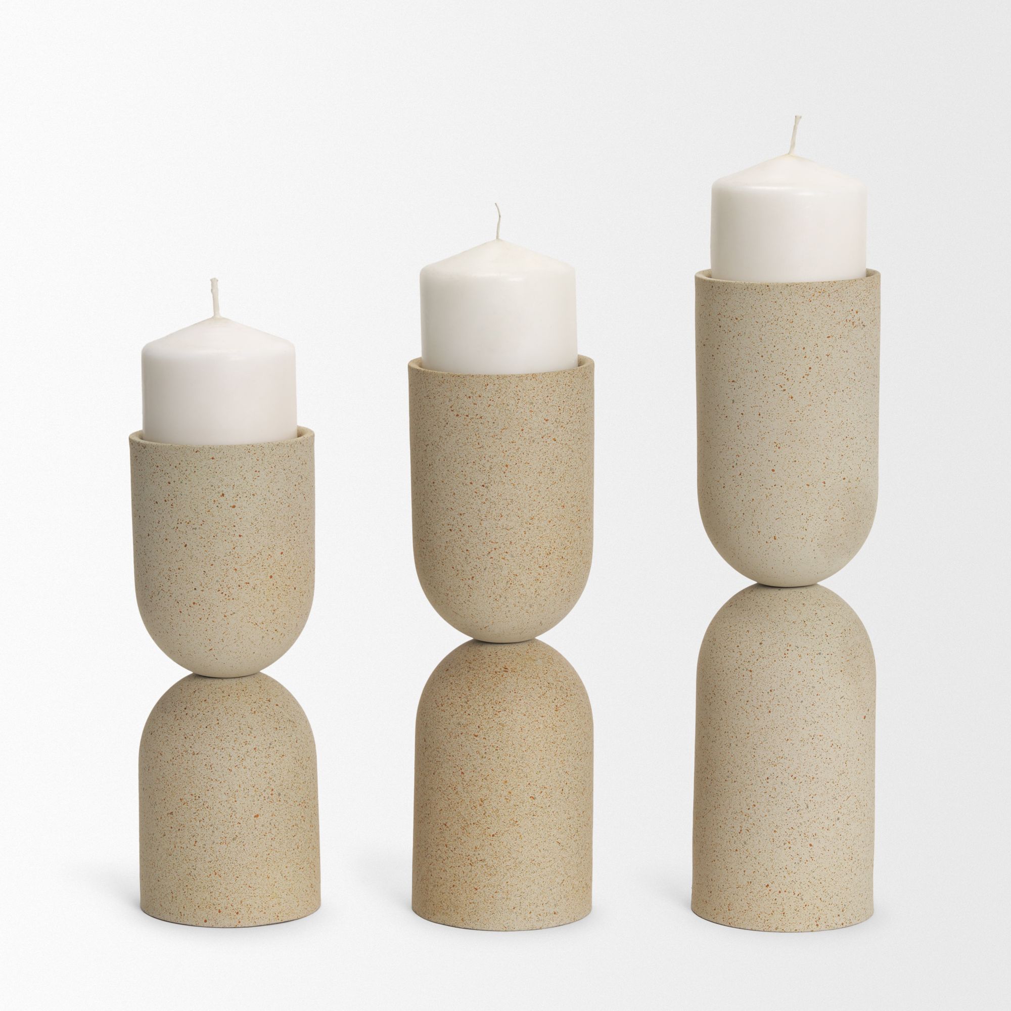 Mercana Qamra Short Beige Textured Metal Pillar Candle Holder