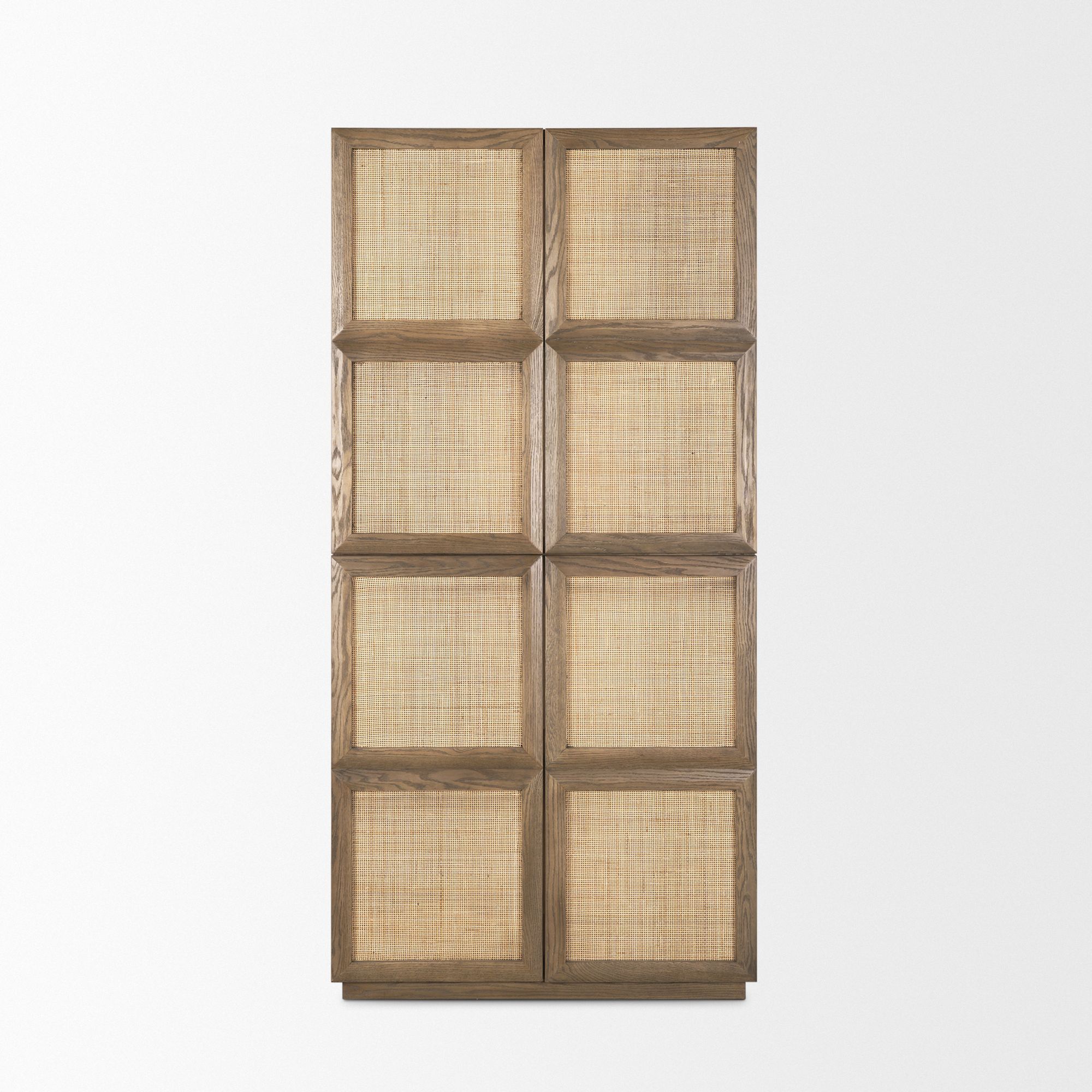 Mercana - Sina Brown Oak Wood with Natural Rattan 2 Door Curio Cabinet