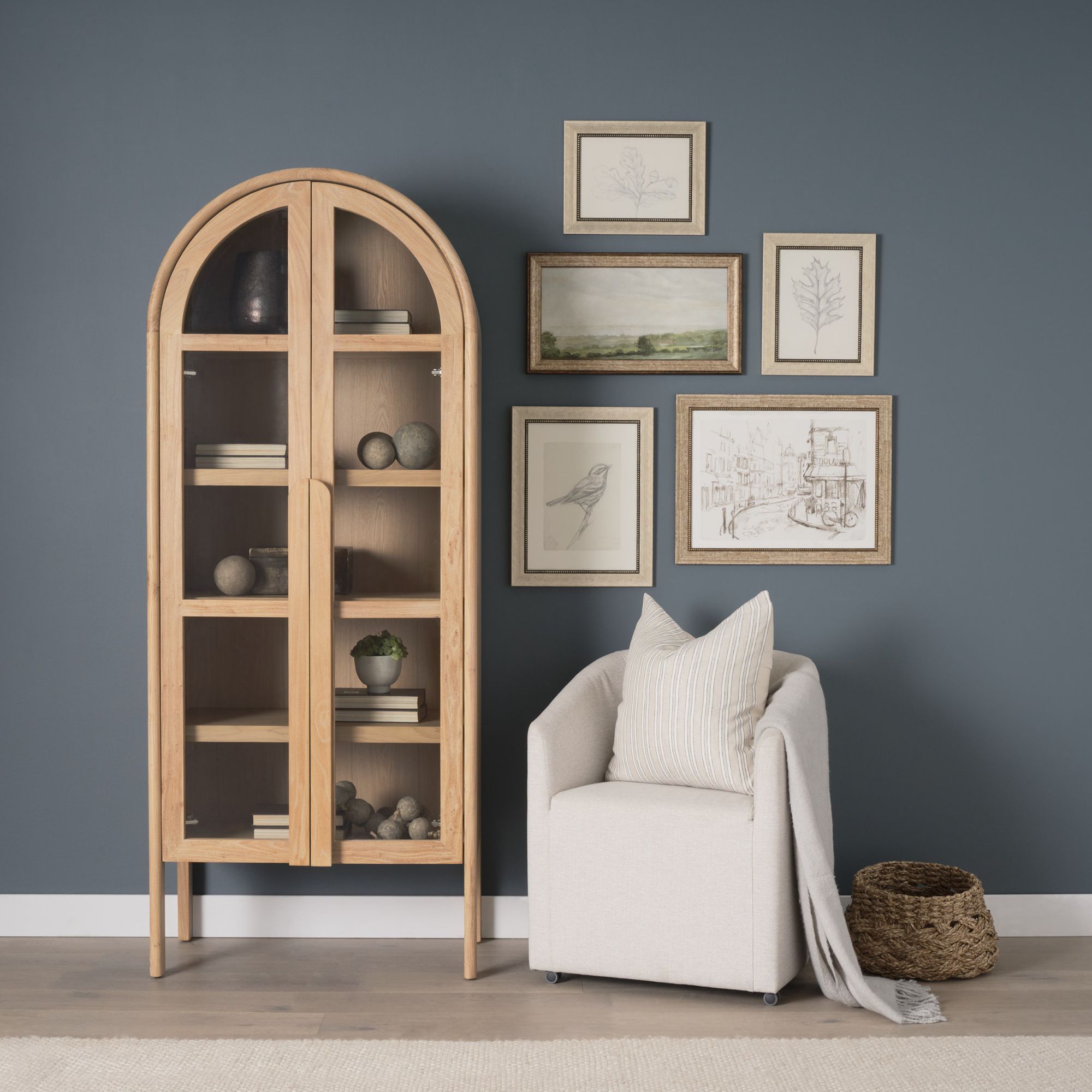 Mercana - Callum Light Brown Elm Wood with Glass Doors Arched Curio Cabinet