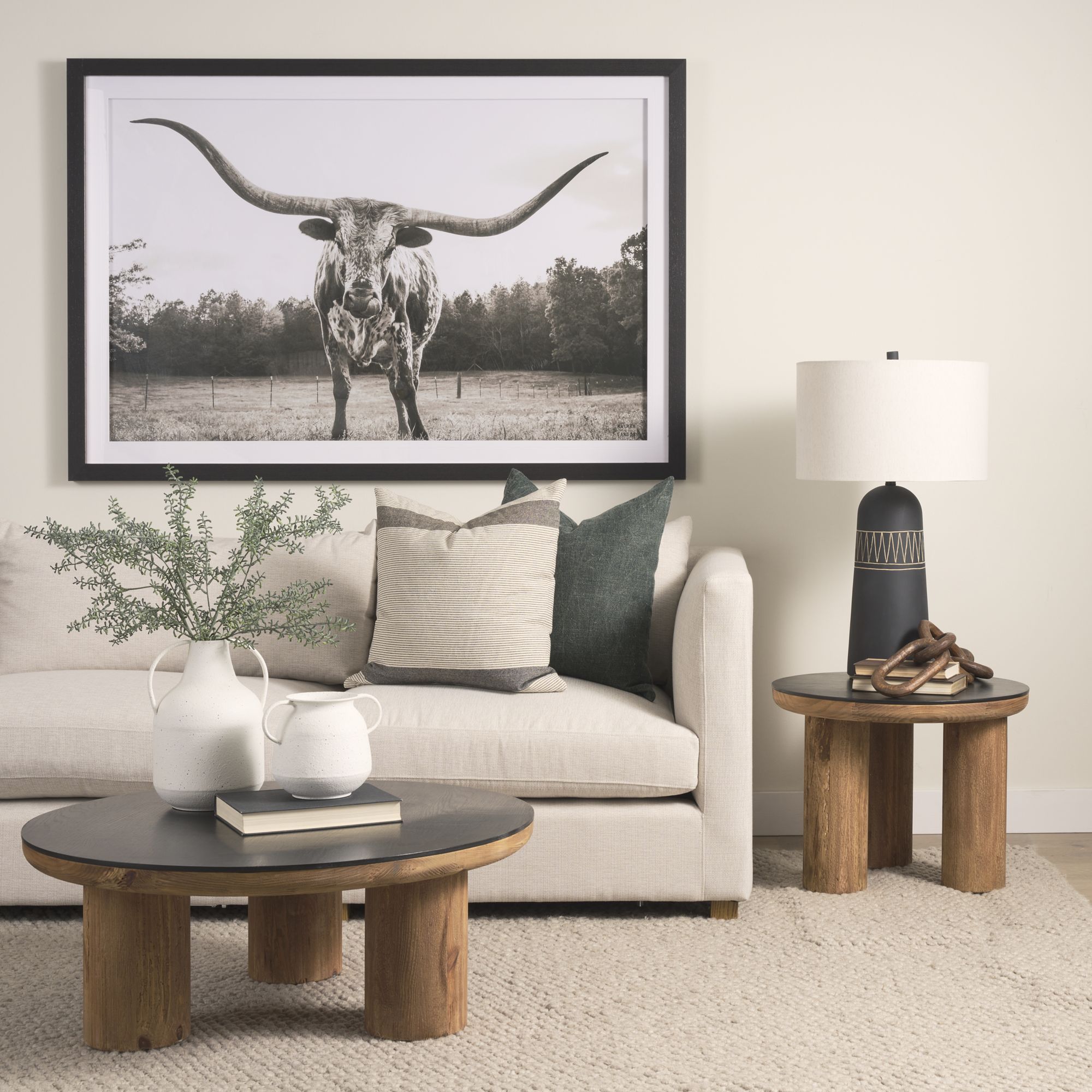 Mercana - Tucson Natural Wood with Round Black Oak Top Coffee Table