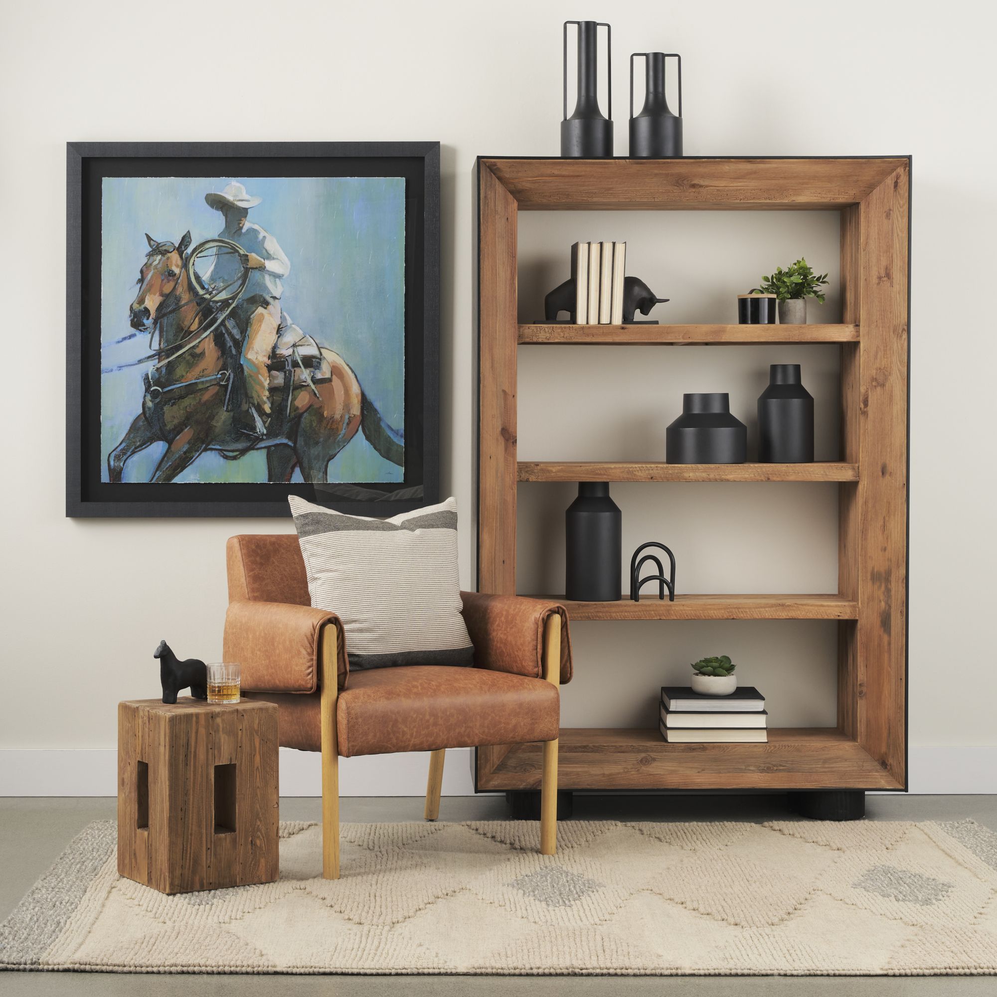 Mercana - Tabor Natural Wood with Black Oak Frame Bookcase