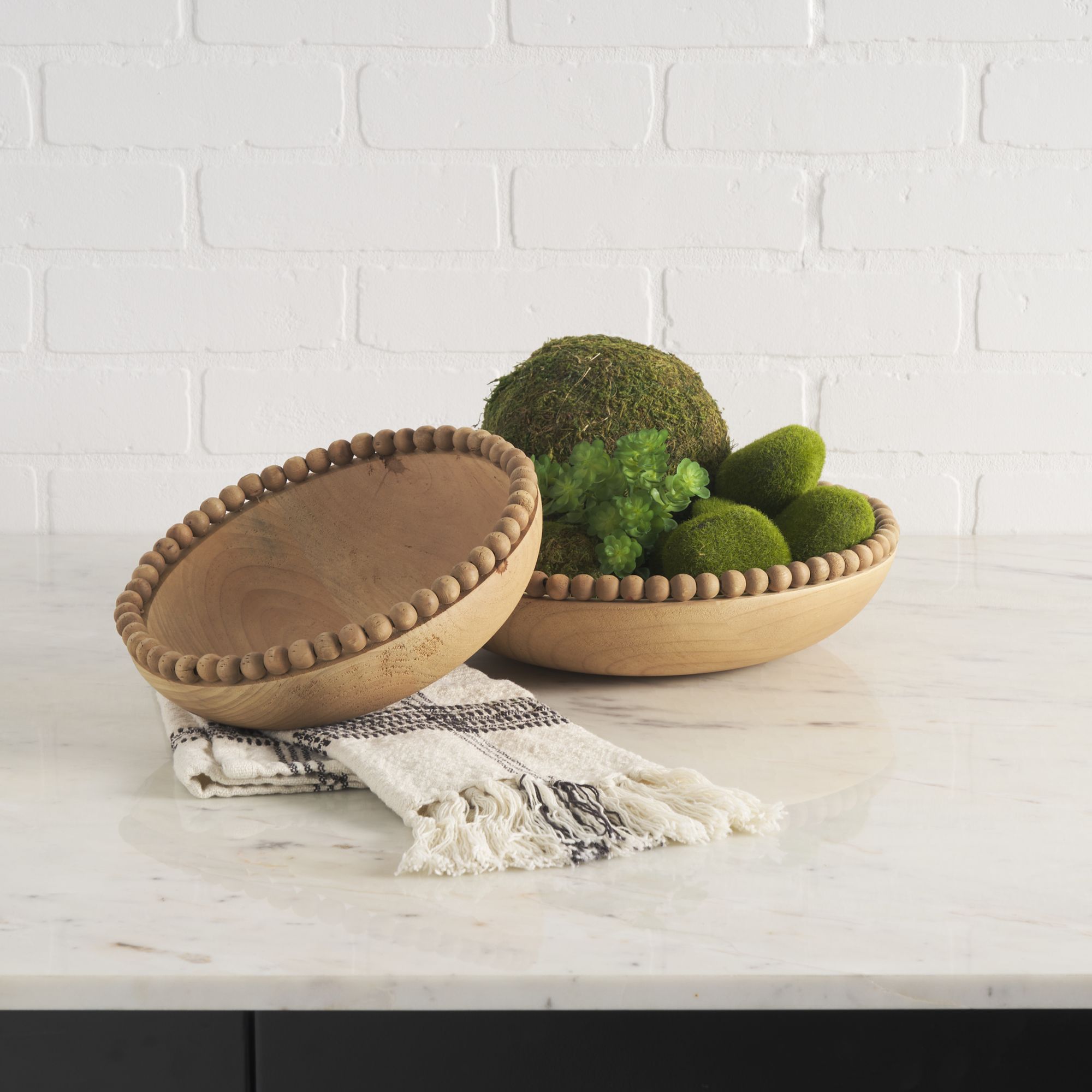 Mercana Wendell Round Bowls with Wood Beads - Light Brown