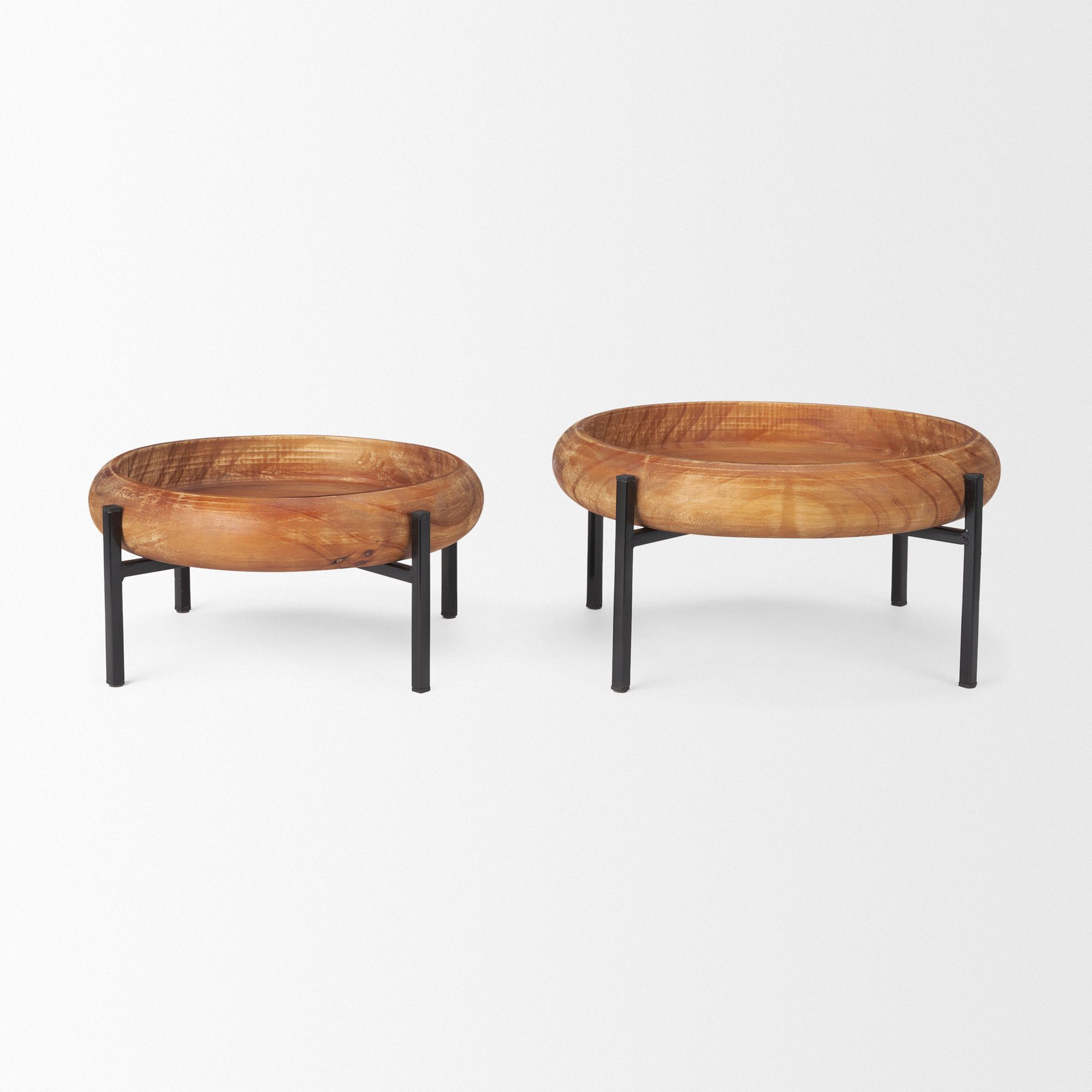 Mercana - Wally Round Medium Brown Wood with Matte Black Metal Stand Trays