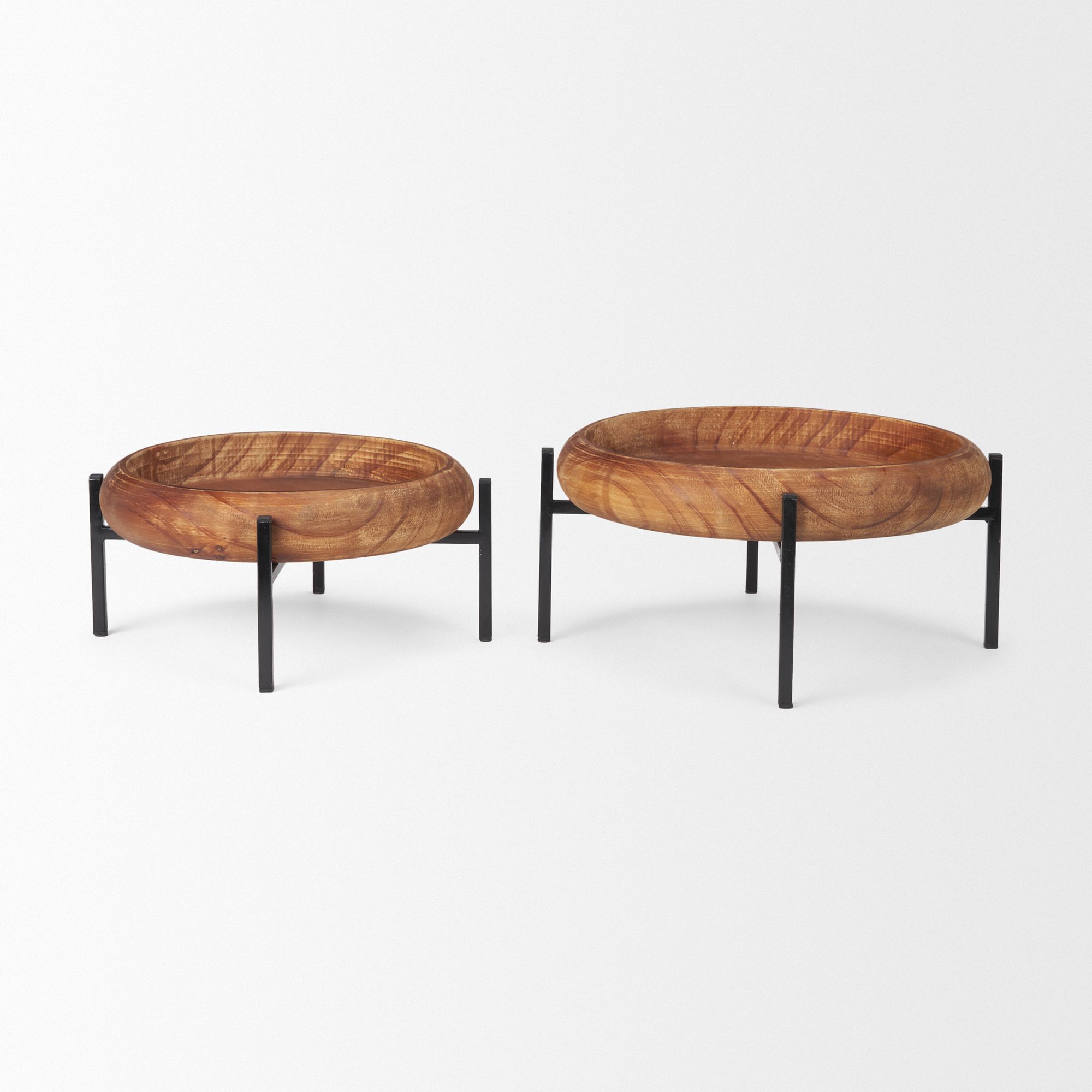 Mercana - Wally Round Medium Brown Wood with Matte Black Metal Stand Trays