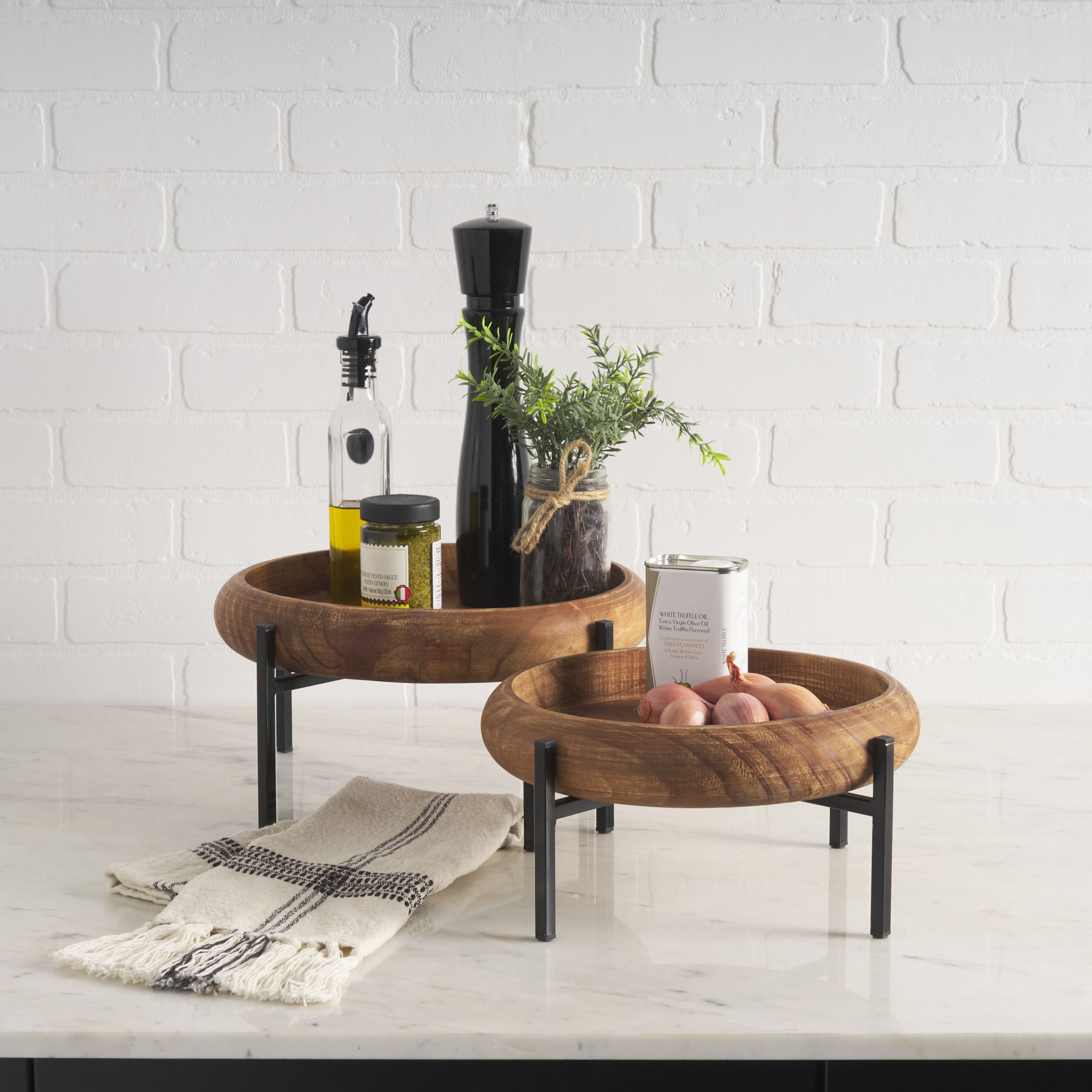 Mercana - Wally Round Medium Brown Wood with Matte Black Metal Stand Trays