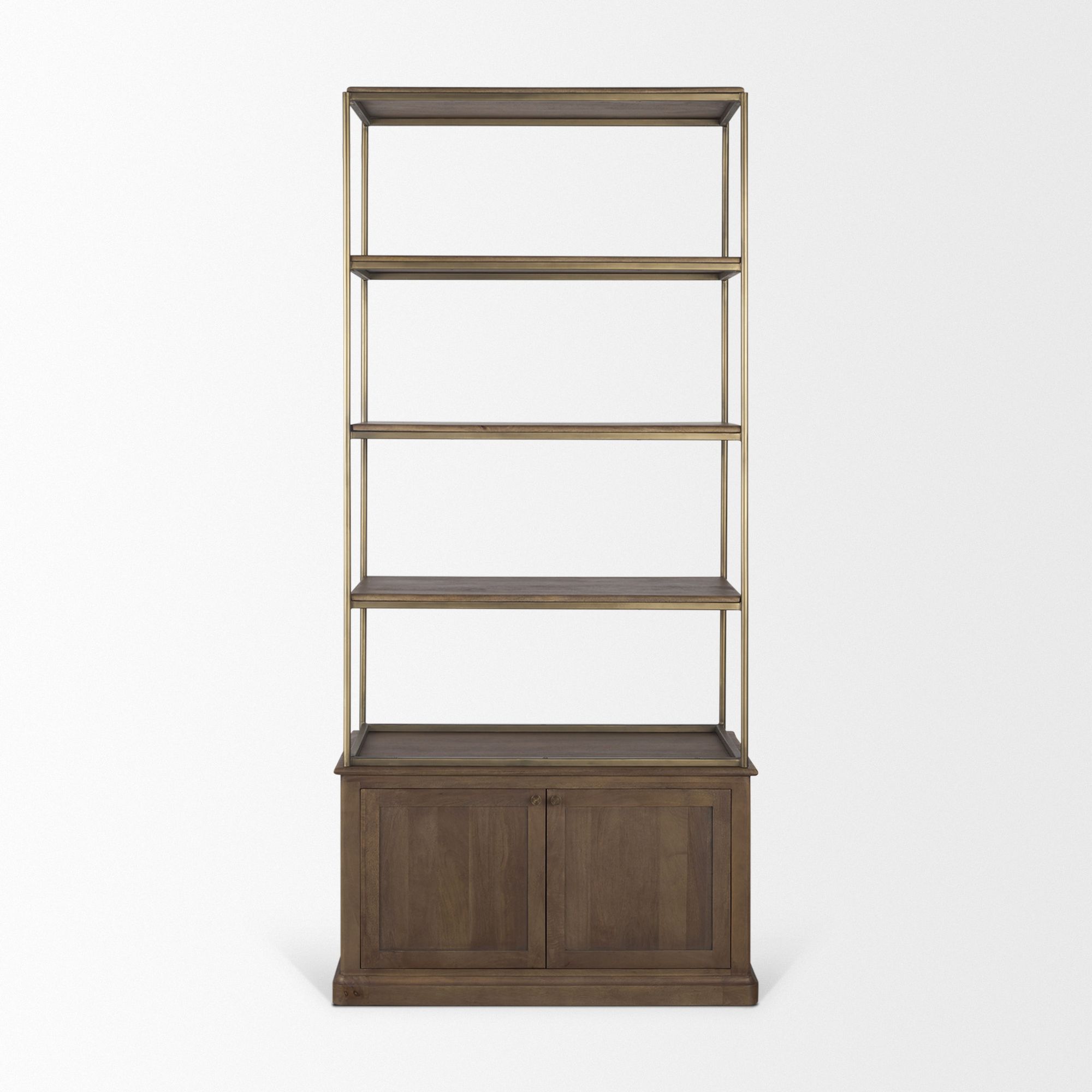 Mercana Braxton Small Shelving Unit with Antiqued Aged Brass Metal 3 Tiers 2 Door - Dark Brown, Wood/Metal