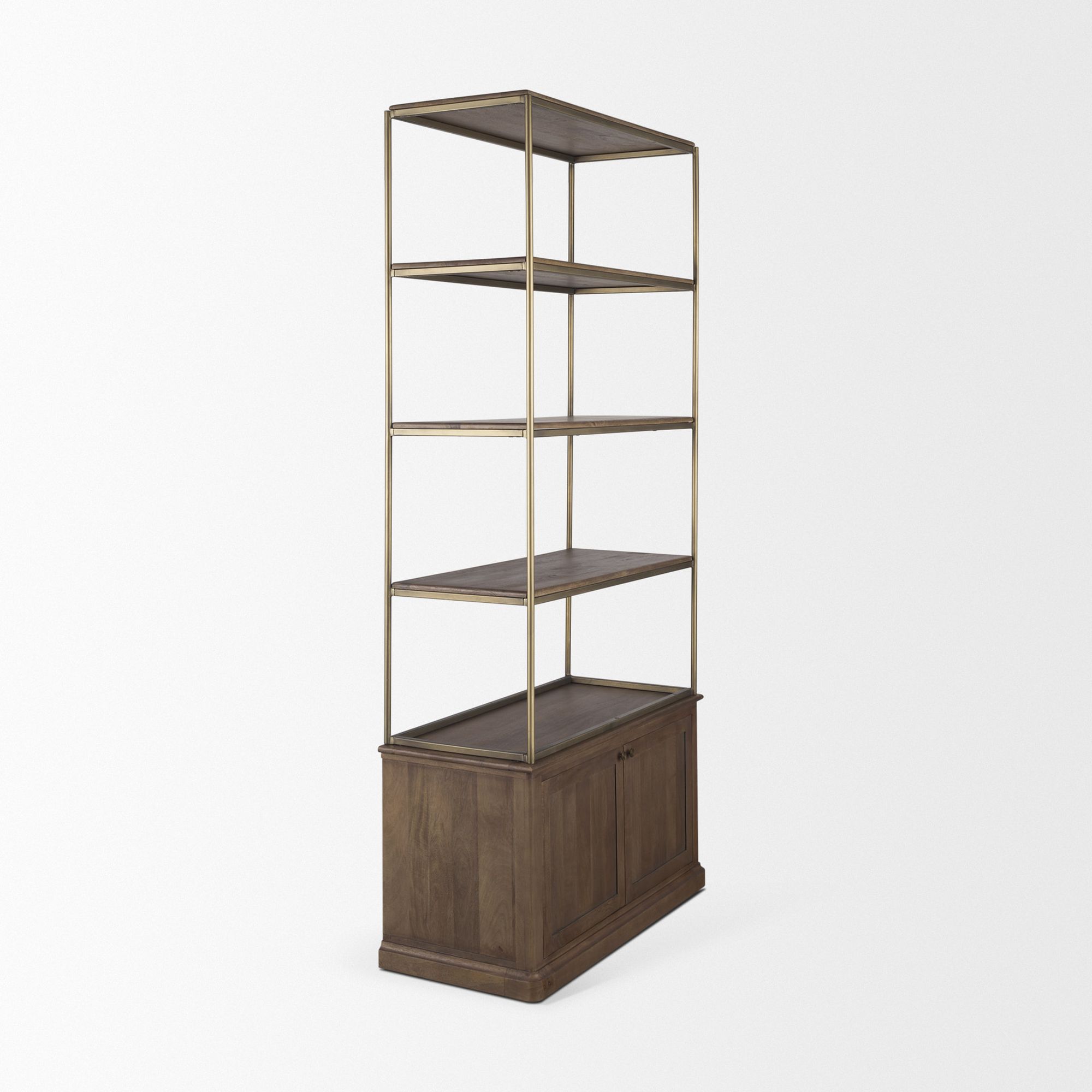 Mercana Braxton Small Shelving Unit with Antiqued Aged Brass Metal 3 Tiers 2 Door - Dark Brown, Wood/Metal