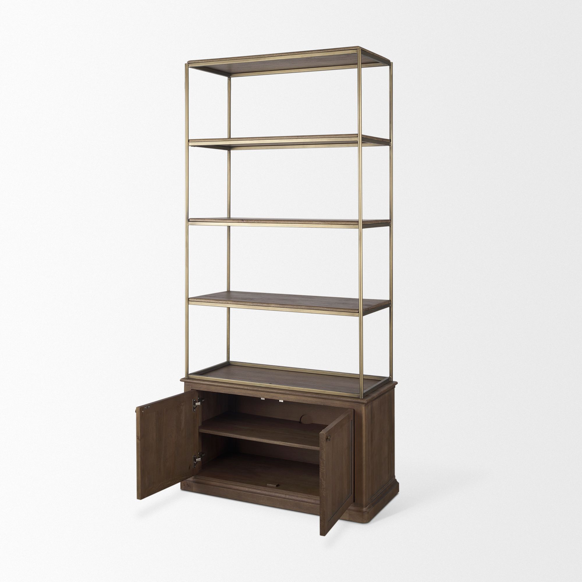 Mercana Braxton Small Shelving Unit with Antiqued Aged Brass Metal 3 Tiers 2 Door - Dark Brown, Wood/Metal