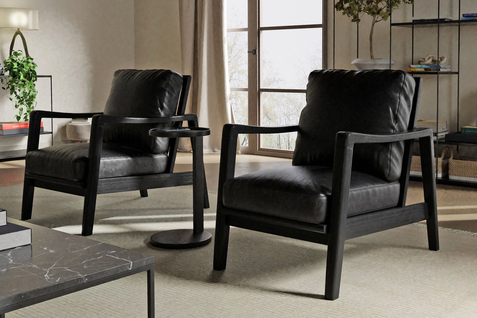 Mobital™ Craftsman Square Arms Lounge Chair - Black, Leather, Black Matte Frame