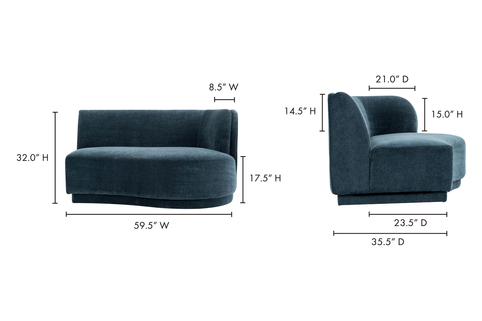 Moe's Yoon 2 Seat Sofa - Nightshade Blue, Right Chaise