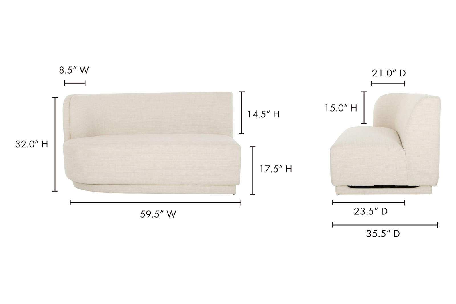 Moe's Yoon 2 Seat Sofa - Sweet Cream, Left Chaise