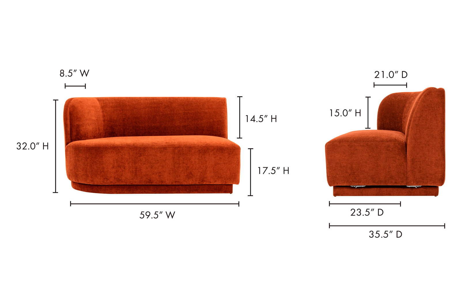 Moe's™ Yoon 2 Seat Sofa - Fired Rust, Left Chaise