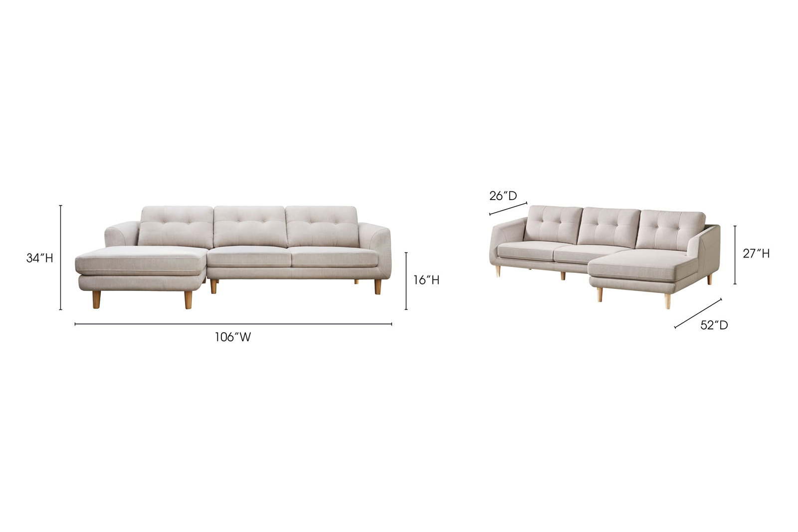 Moe's Corey Sectional - Beige, Left Facing