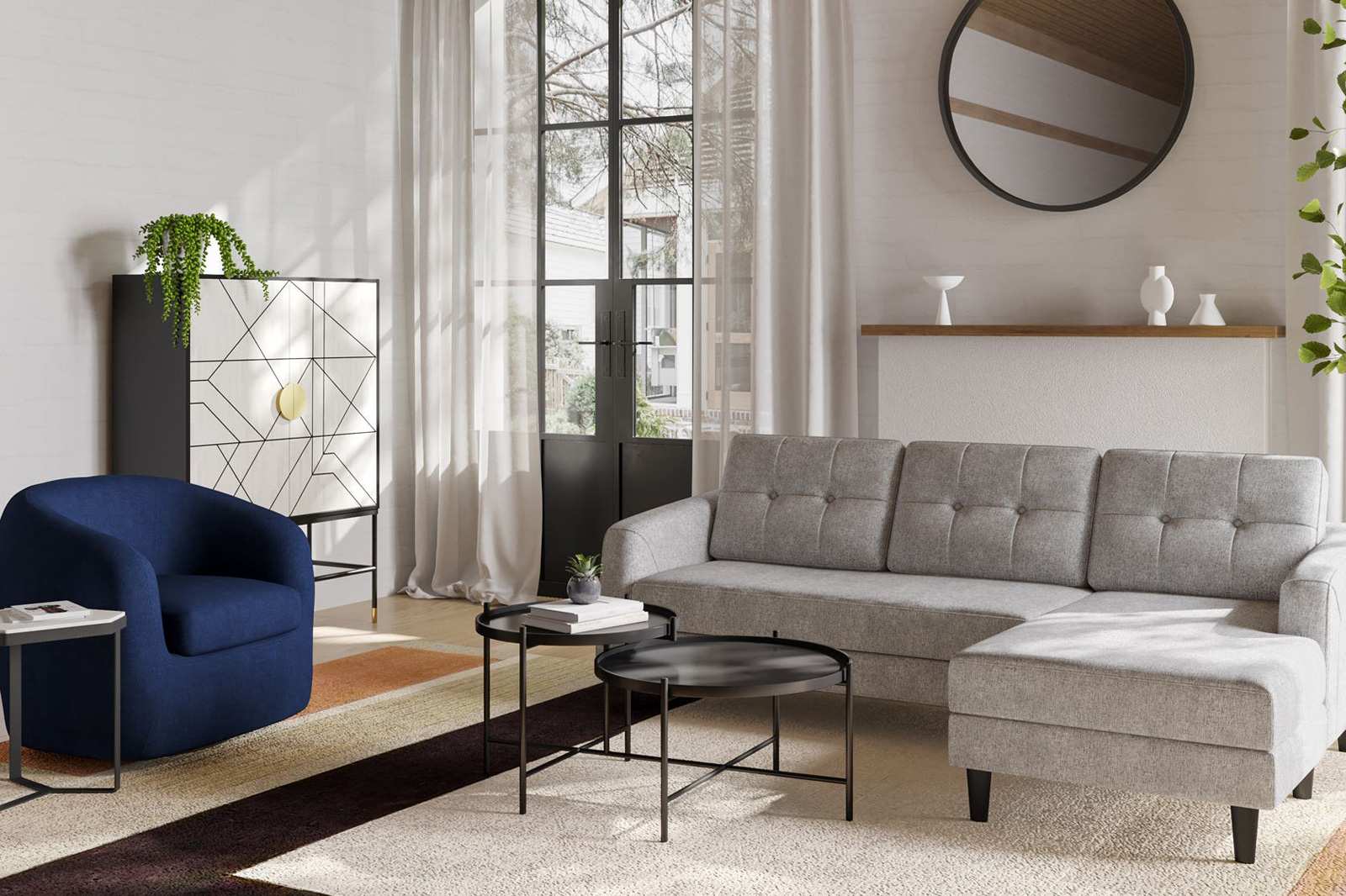 Moe's Belagio Sofa Bed With Chaise - Light Gray, Right Facing