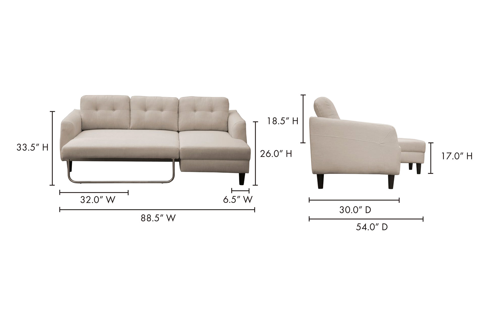 Moe's Belagio Sofa Bed With Chaise - Beige, Right Facing