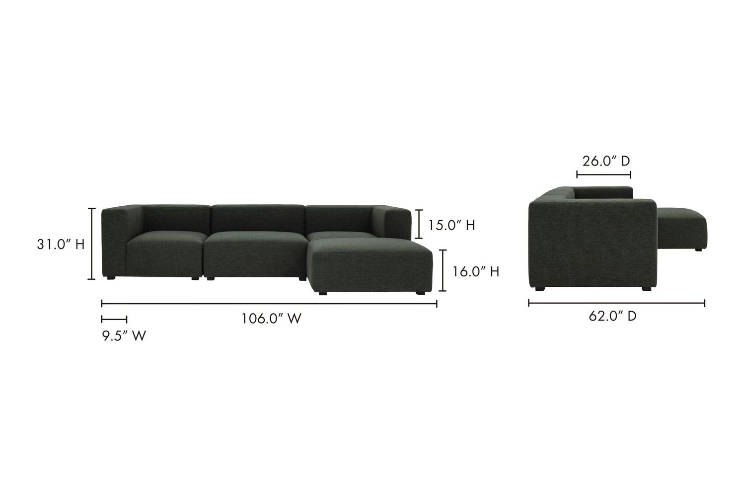 Moe's Romy Lounge Contemporary Modular Sectional - Dark Green