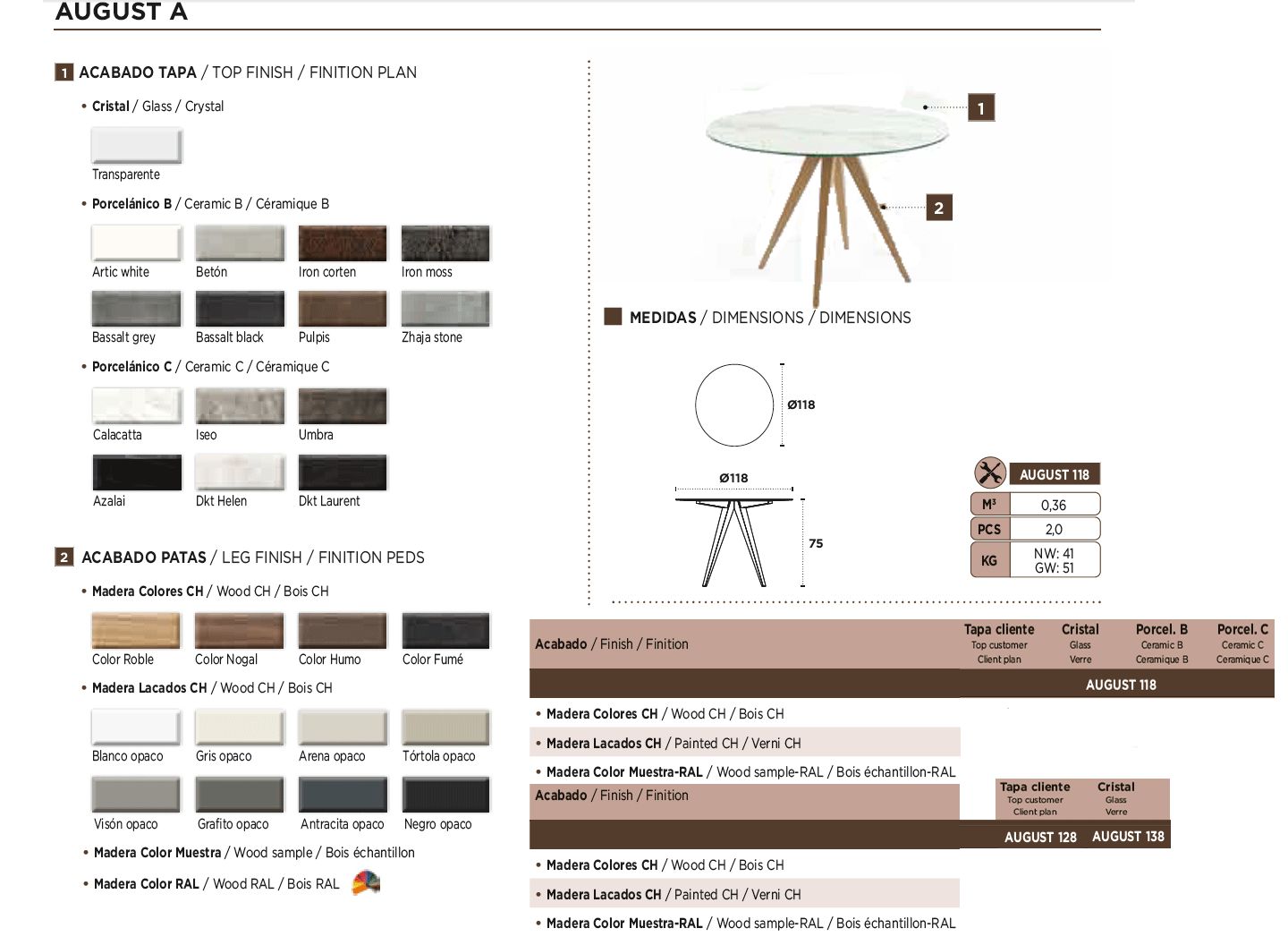 Nacher August Fixed Round Small Dining Table - Wood CH Legs, Glass Top