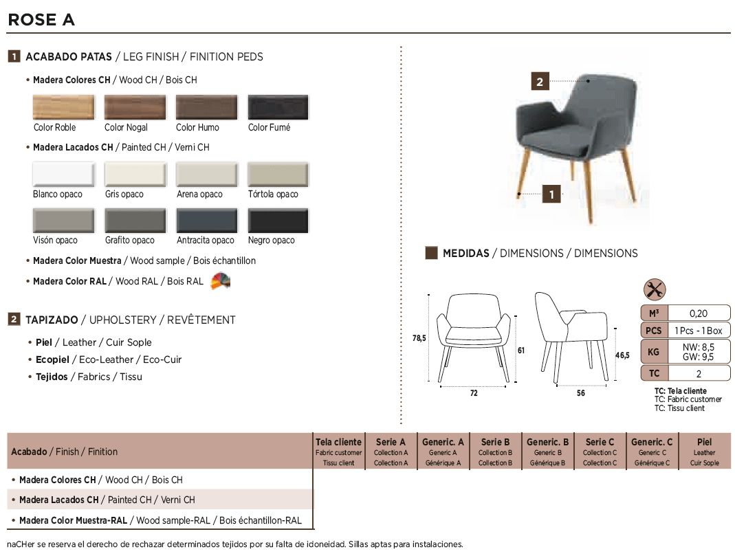 Nacher Rose Armchair - Wood Sample RAL Legs, Series C Upholstery