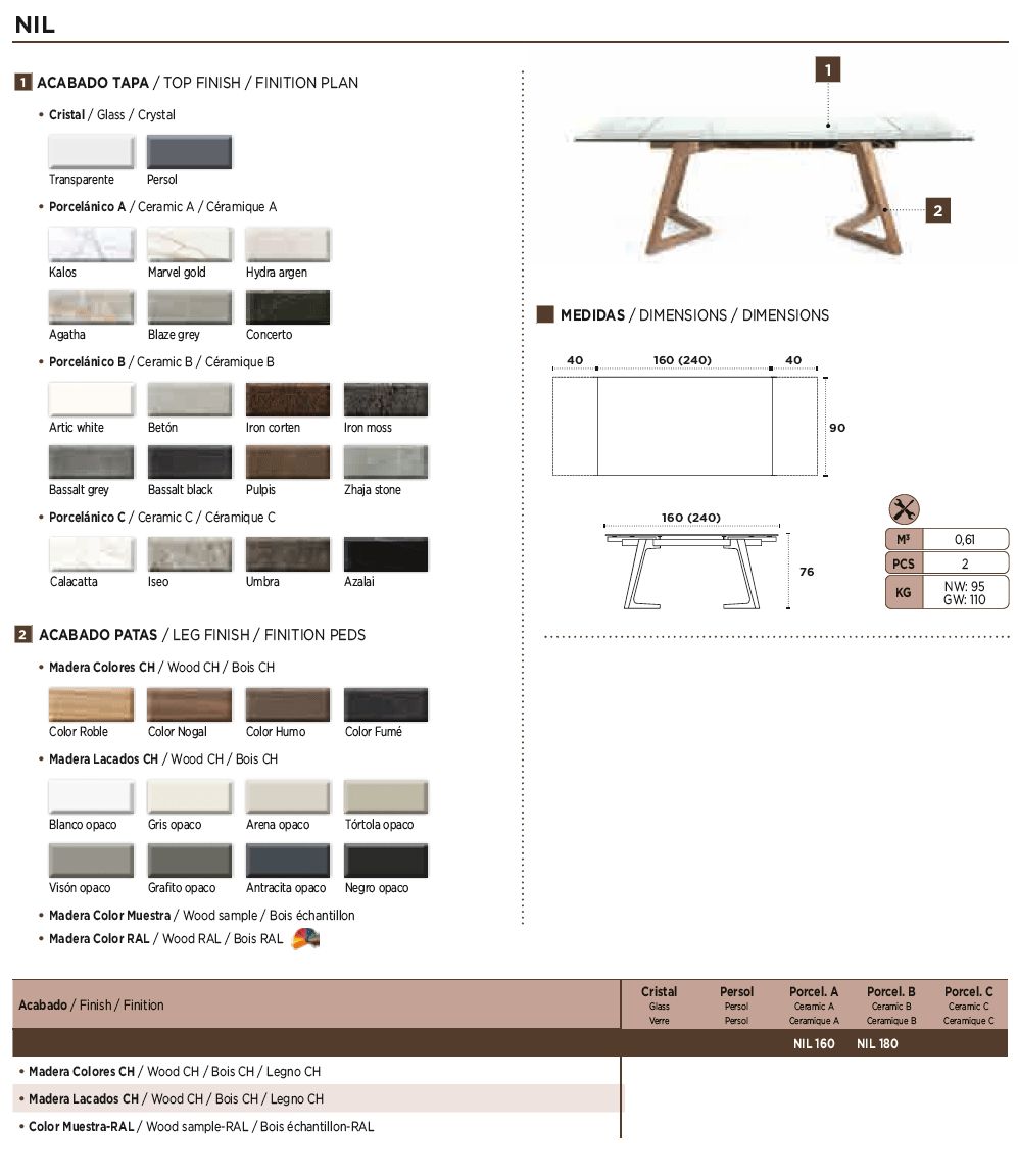 Nacher Nil Extendable Rectangular Dining Table - Wood CH Legs, Glass Top