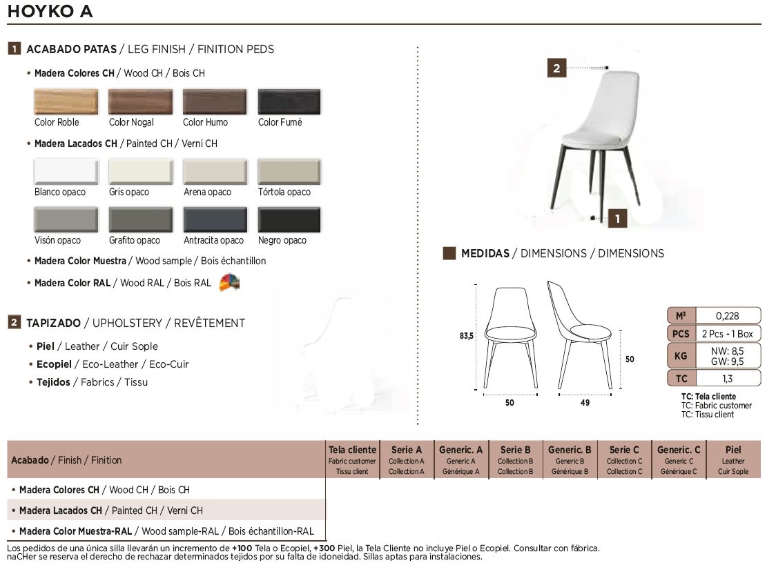 Nacher Hoyko Dining Chair - Wood CH Legs, Series A Upholstery