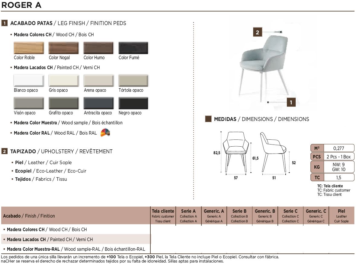 Nacher Roger Dining Chair - Wood CH Legs, Series A Upholstery