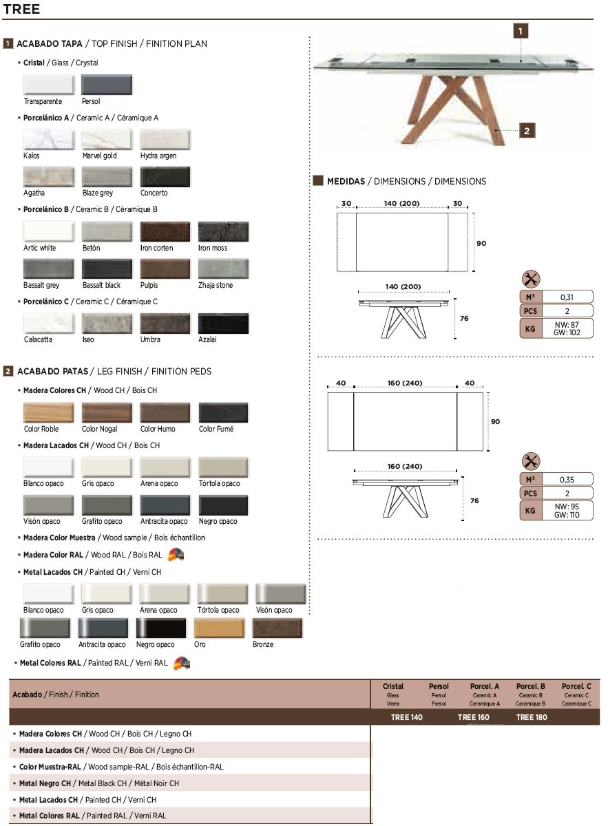 Nacher Tree Extendable Rectangular Dining Table - Wood Sample RAL Legs, Glass Top