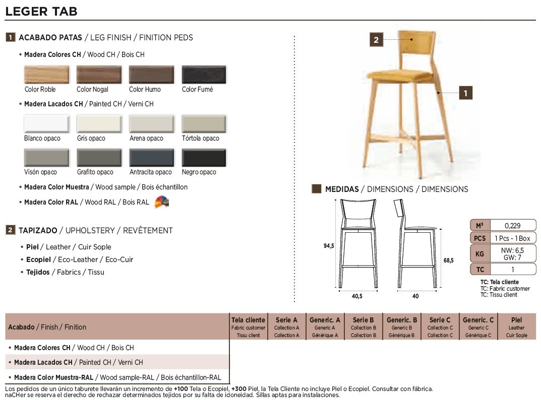 Nacher Leger Bar Stool - Wood Sample RAL Legs, Series B Upholstery